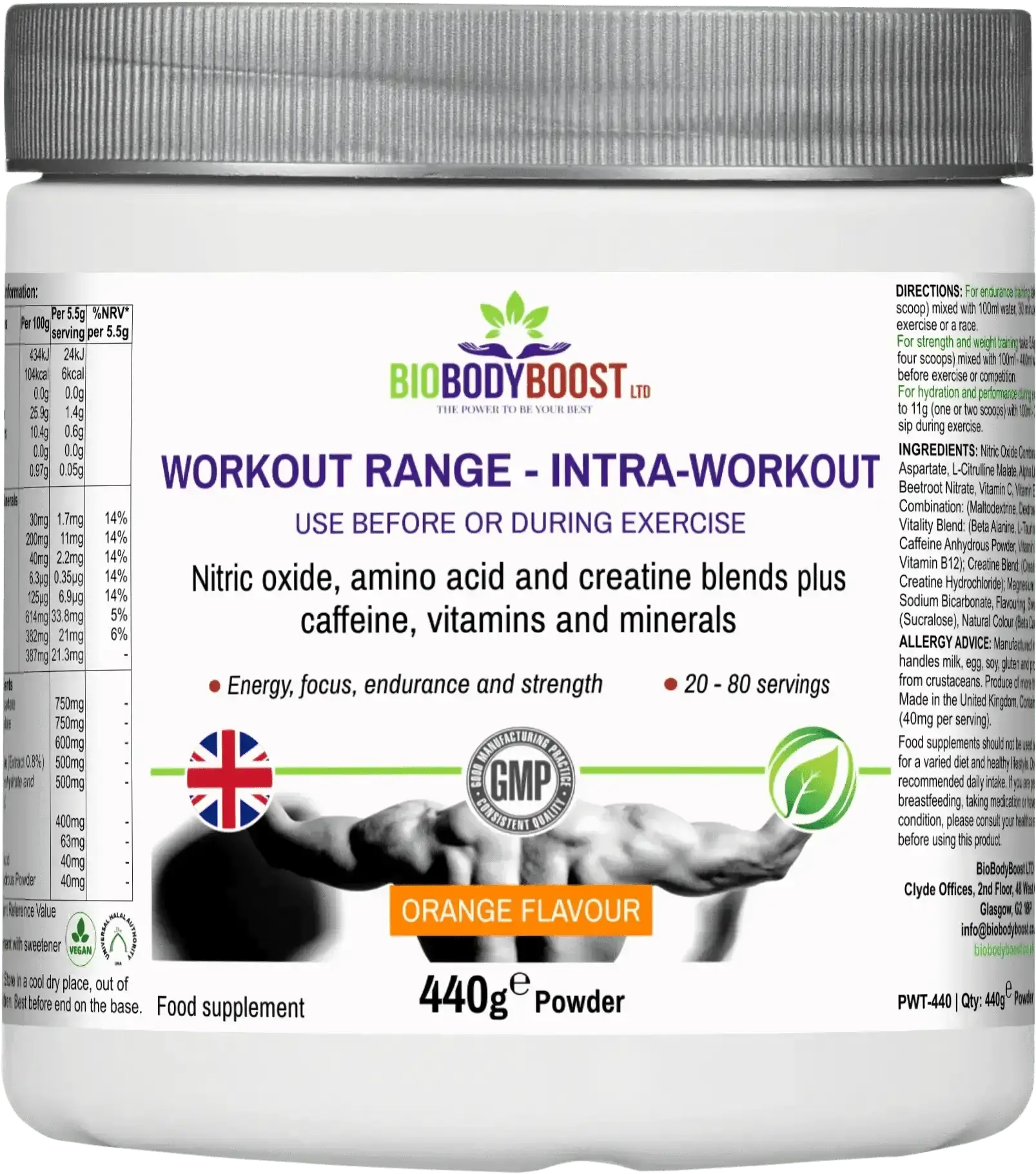 BioBodyBoost Workout Range Intra-Workout Amino Acids and Creatine Blend, 440g orange flavor, supports energy, focus, and strength during exercise.
