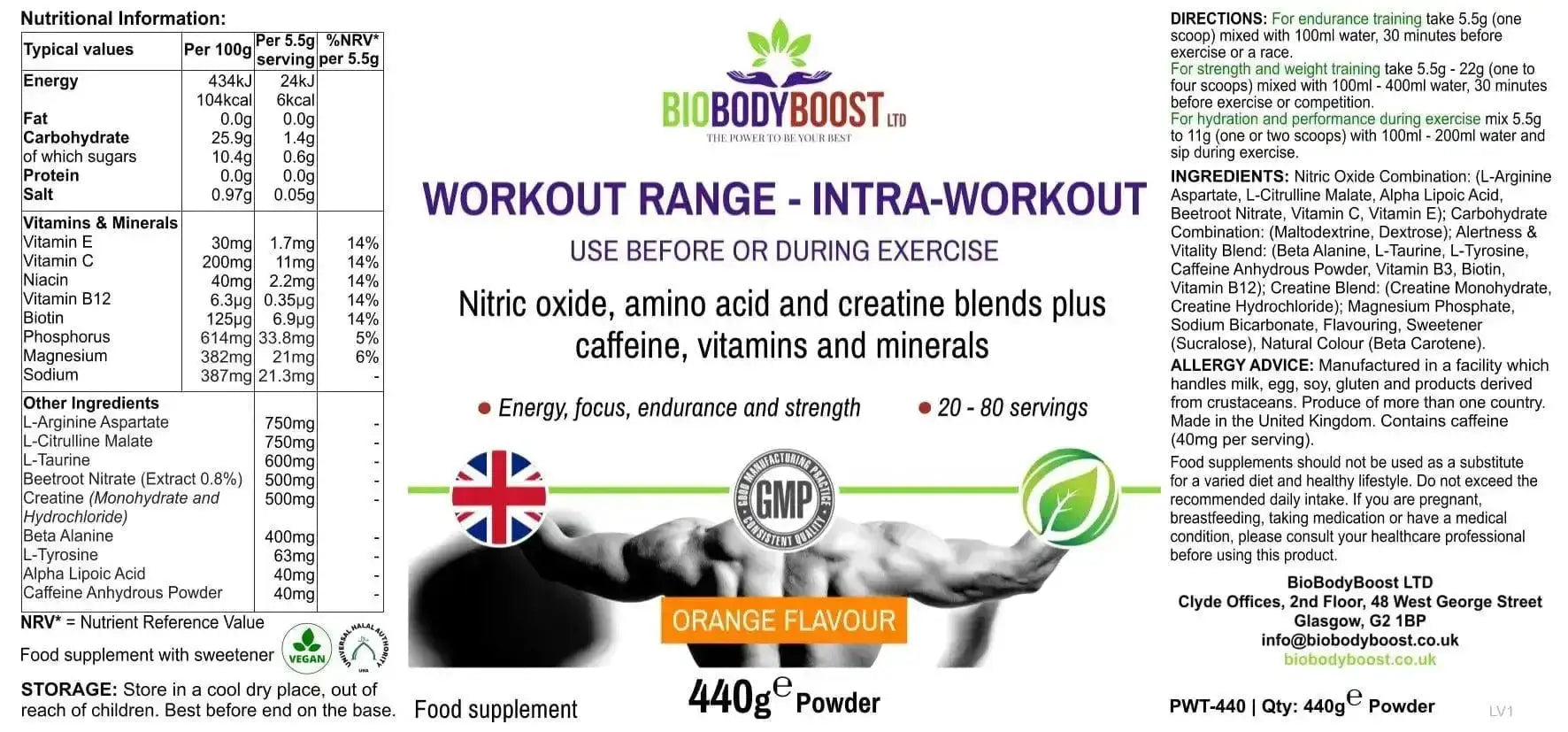 Supplement facts and usage instructions for BioBodyBoost Intra-Workout Creatine Blend with amino acids, vitamins, and minerals in orange flavor.