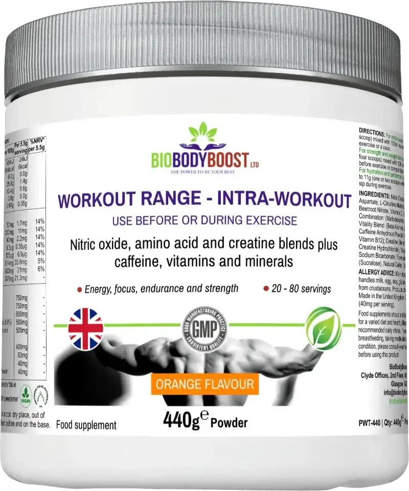 Intra-Workout Creatine Blend - Workout Range by BioBodyBoost in orange flavor, 440g powder with amino acids, caffeine, and vitamins for endurance.