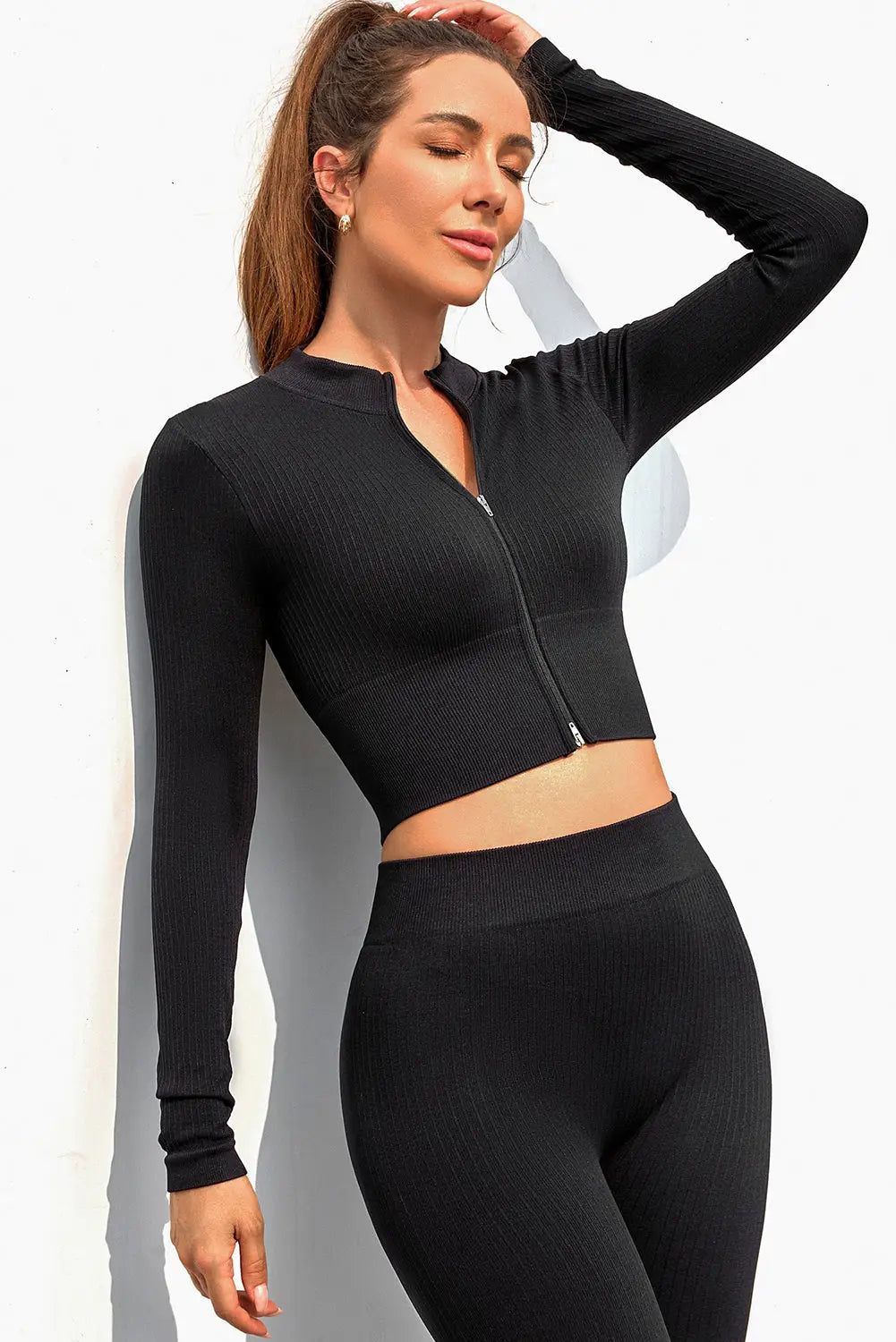 Khaki Full Zipper Ribbed Seamless Long Sleeve Yoga Top