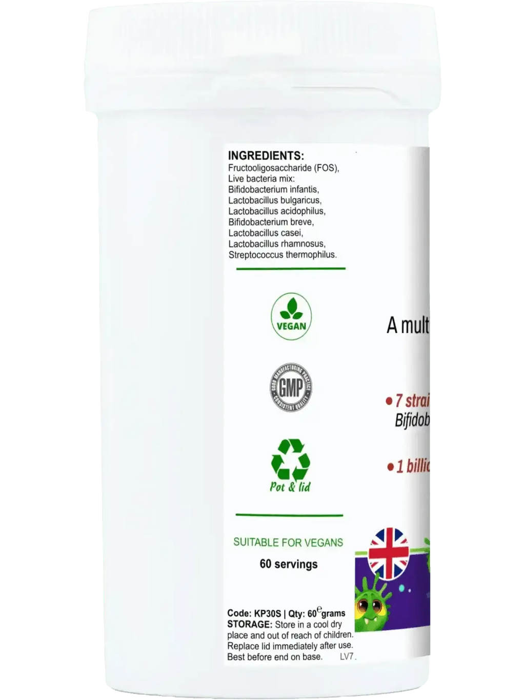 Little BioGut 30g vegan probiotic powder UK — neutral taste, baby probiotic from birth, back label with strains listed