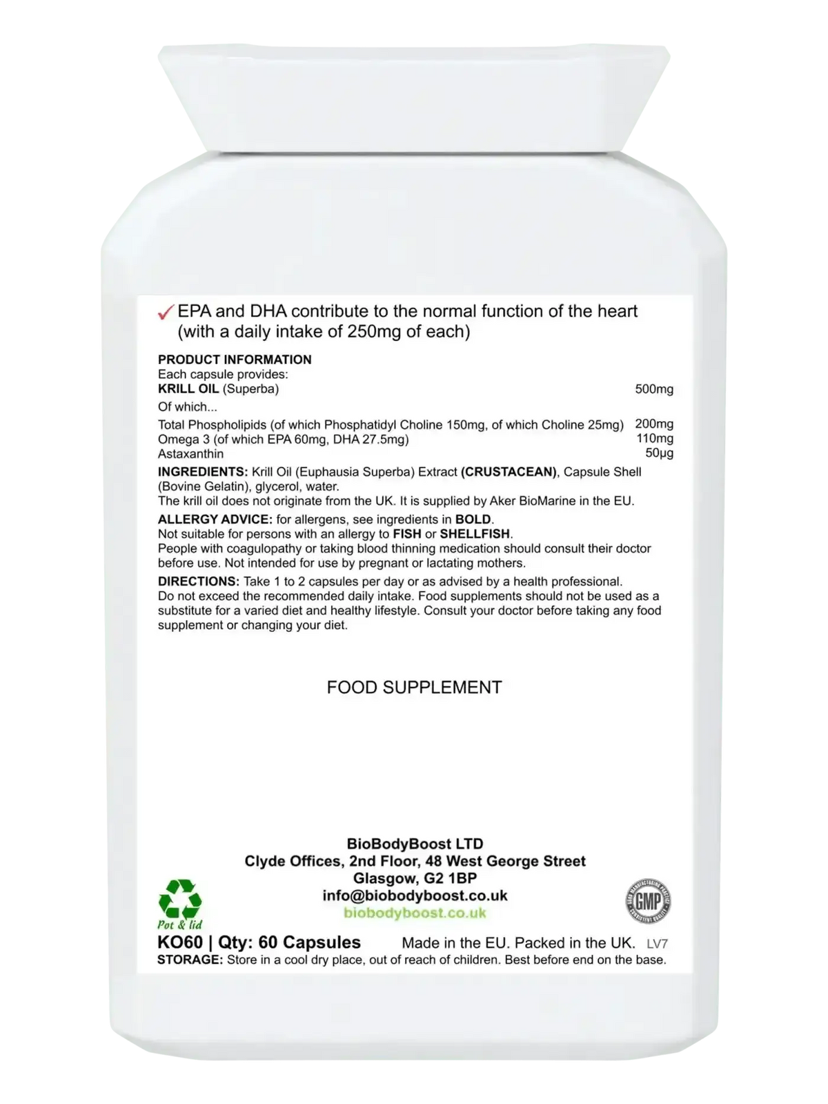 AstaxaKrill 60 krill oil softgels UK — EPA and DHA in phospholipid form, brain and vision EU claims, back label