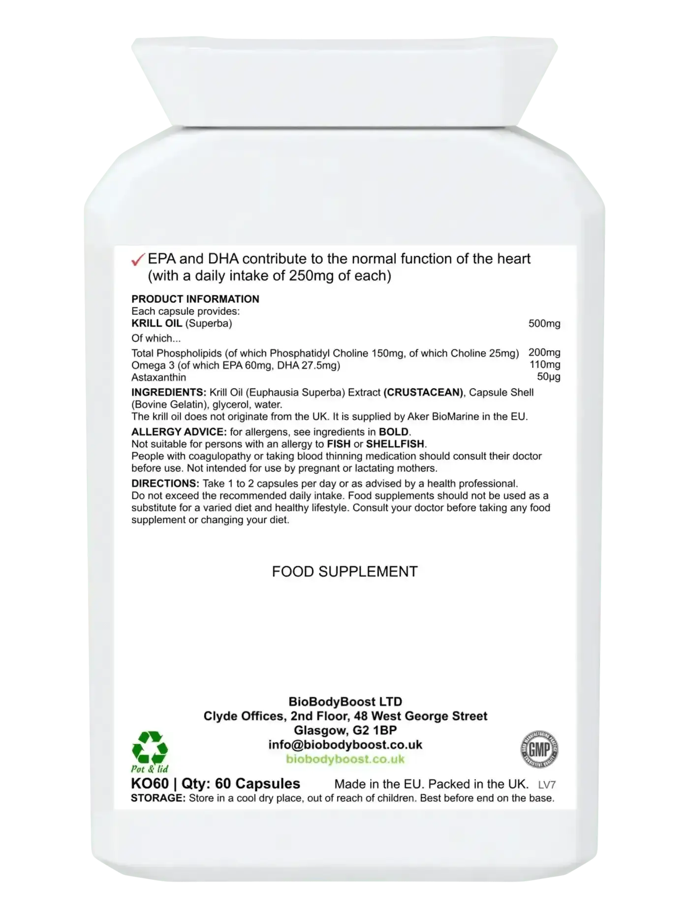 AstaxaKrill 60 krill oil softgels UK — EPA and DHA in phospholipid form, brain and vision EU claims, back label