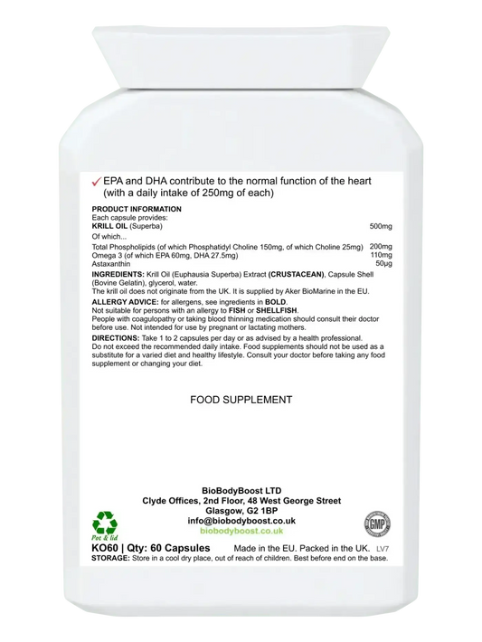 AstaxaKrill 60 krill oil softgels UK — EPA and DHA in phospholipid form, brain and vision EU claims, back label