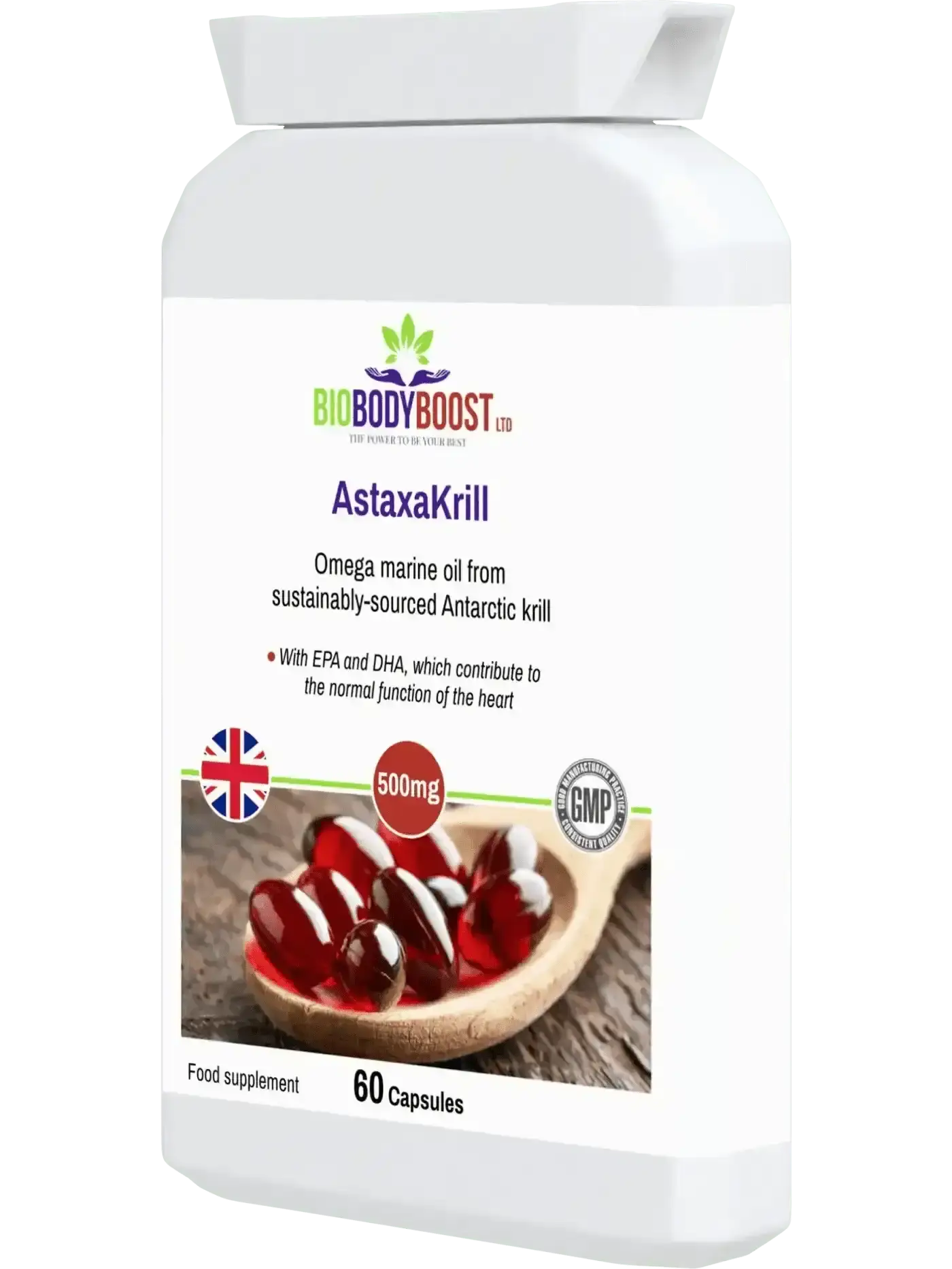 AstaxaKrill Antarctic krill oil lifestyle shot UK — BioBodyBoost omega-3 phospholipid and astaxanthin complex, 60 caps