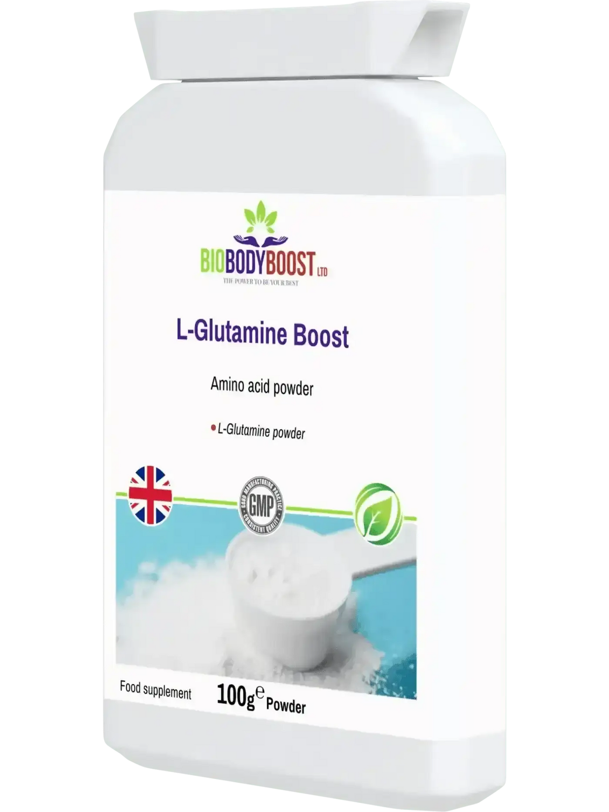 L-Glutamine powder UK muscle recovery supplement — gut lining support amino acid, vegan and halal approved, side view