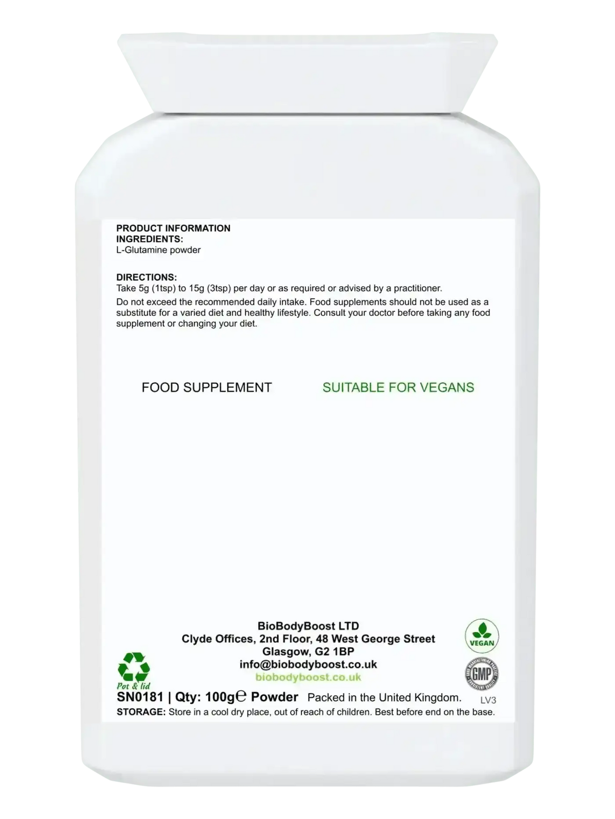 L-Glutamine Boost 100g amino acid powder UK — 5g per serving unflavoured formula, back label with usage guide