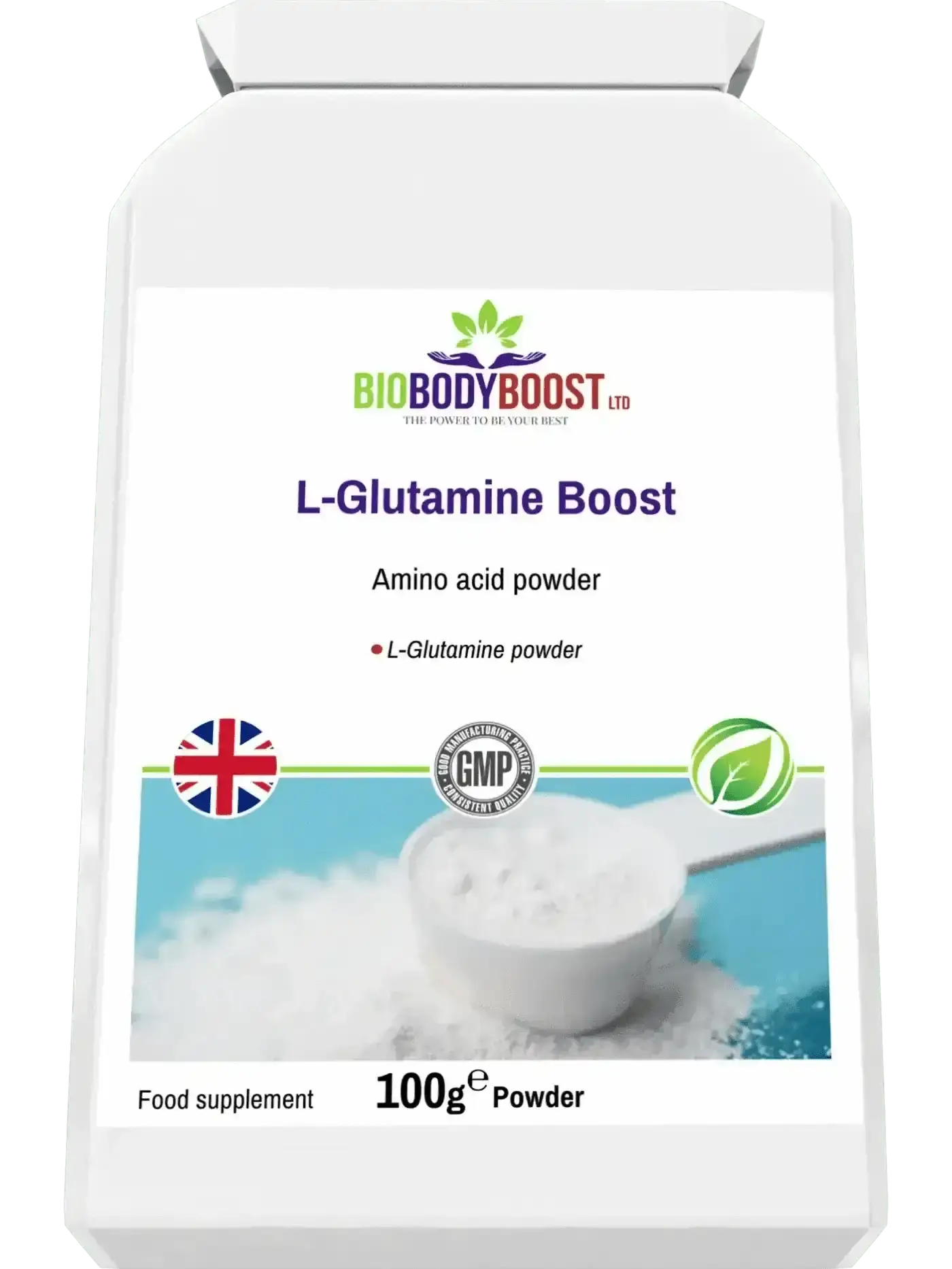 L-Glutamine Boost pure powder lifestyle shot UK — BioBodyBoost pharmaceutical grade glutamine supplement, 100g