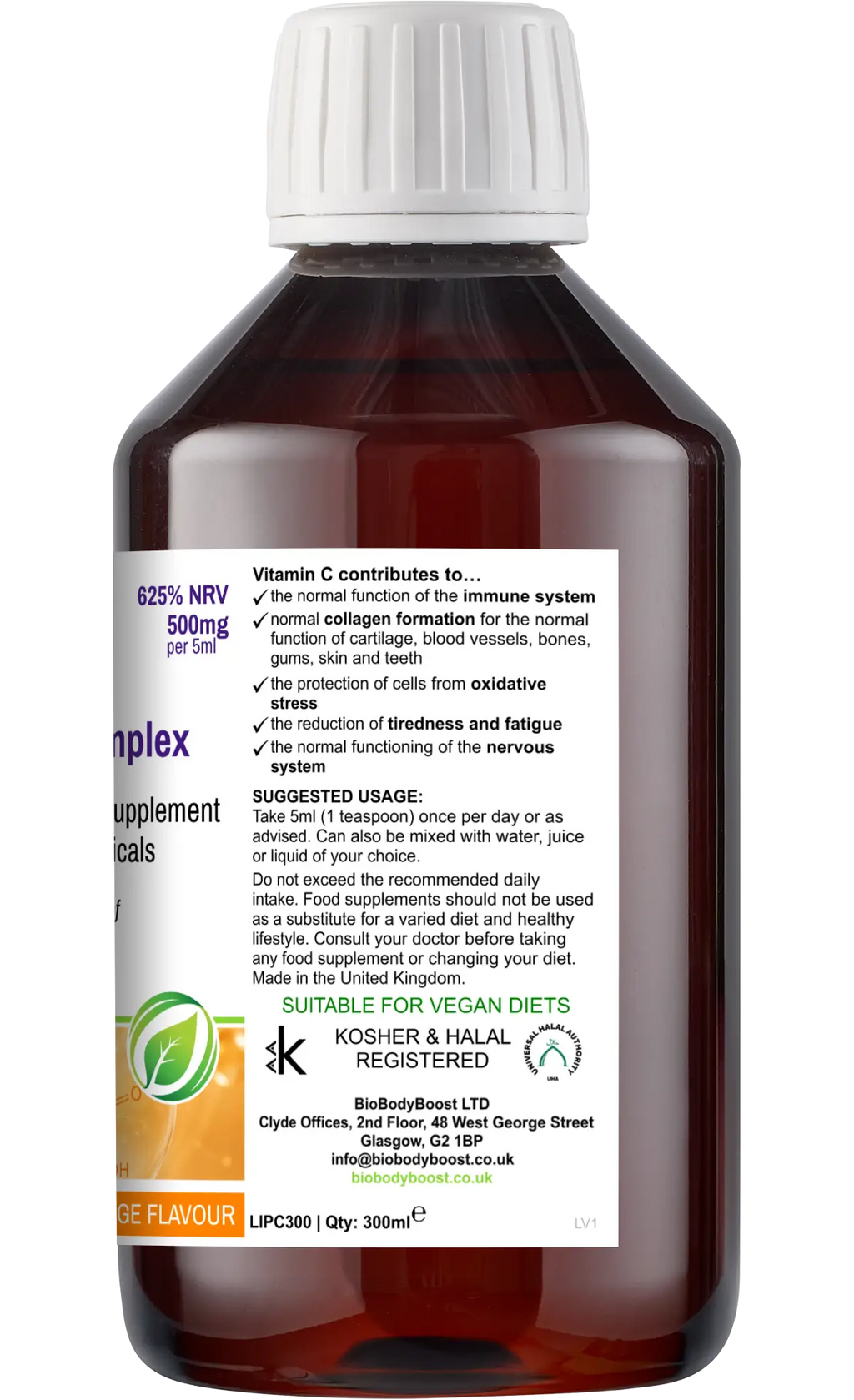 Liposomal Vitamin C Complex 300ml bottle UK — 500mg vitamin C per 5ml with rosehip and bilberry by BioBodyBoost, orange flavour front view
