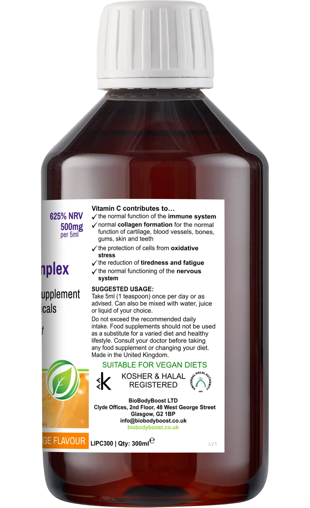 Liposomal Vitamin C Complex 300ml bottle UK — 500mg vitamin C per 5ml with rosehip and bilberry by BioBodyBoost, orange flavour front view