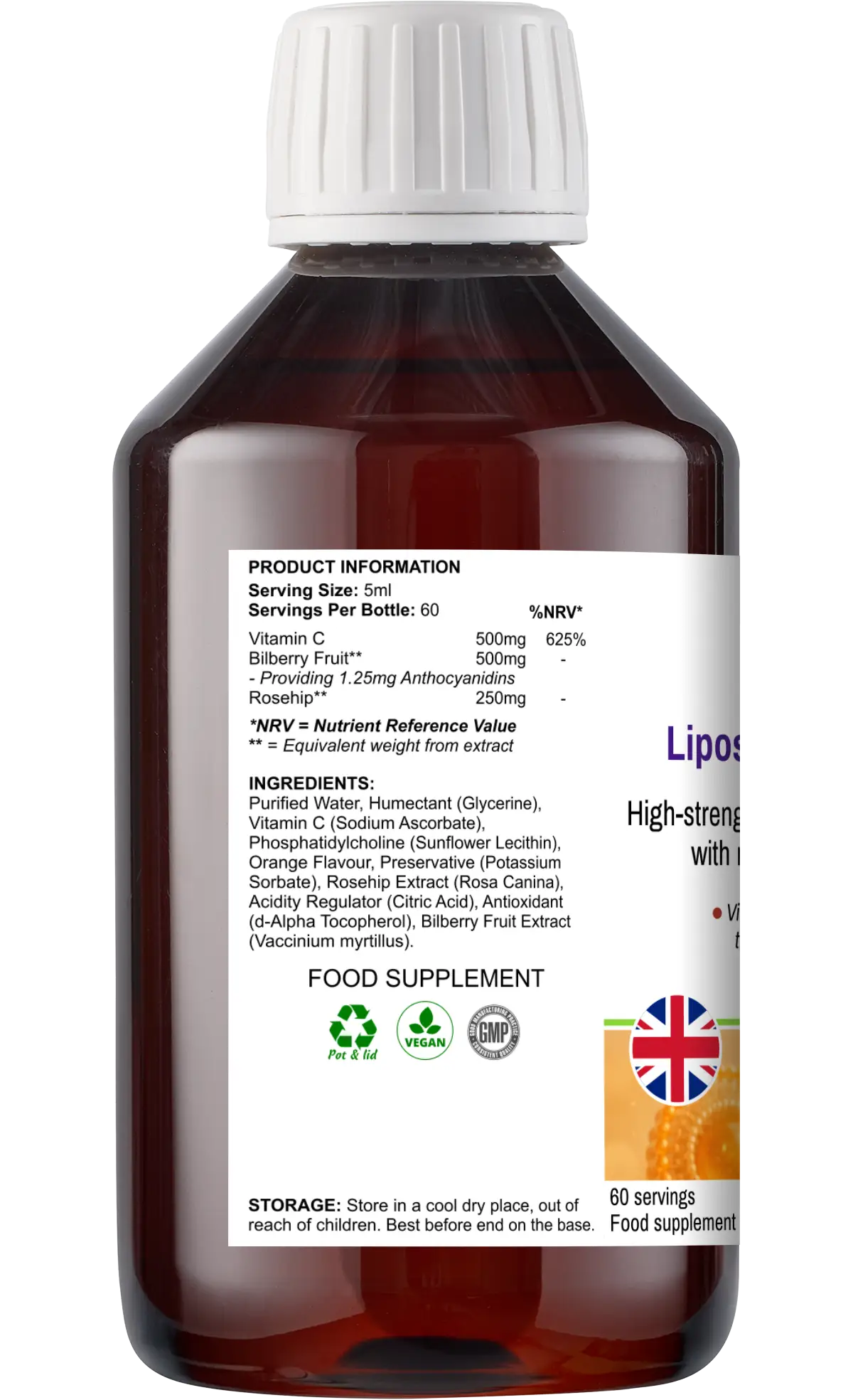 BioBodyBoost Liposomal Vitamin C 300ml UK — high strength 625% NRV vegan halal kosher approved liquid supplement, side view