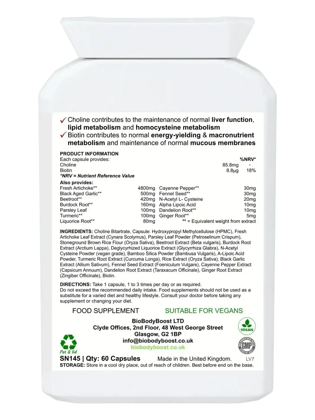 BioHep 60 vegan liver capsules UK — choline EU authorised liver function claim, back label with ingredients