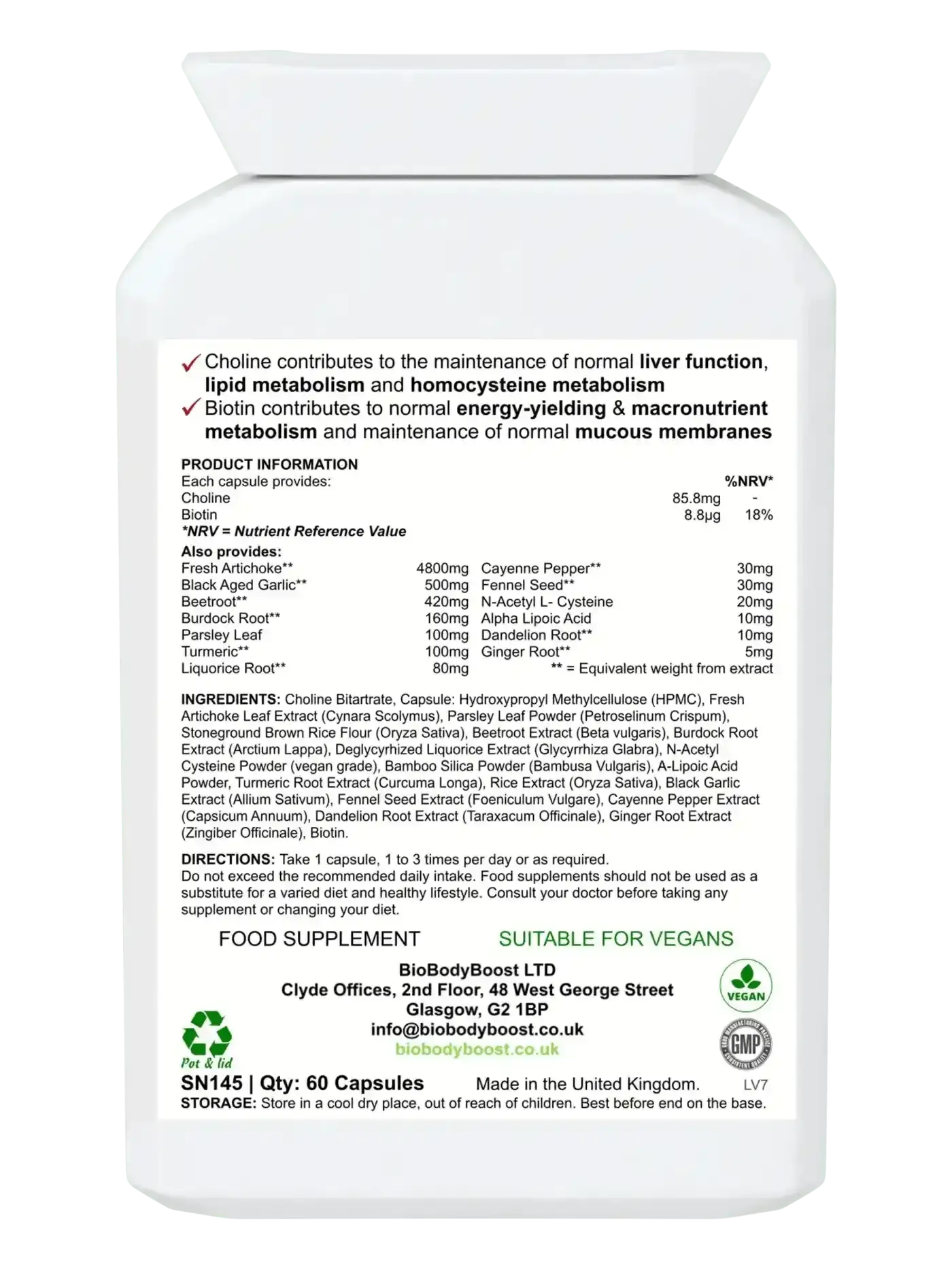 BioHep 60 vegan liver capsules UK — choline EU authorised liver function claim, back label with ingredients