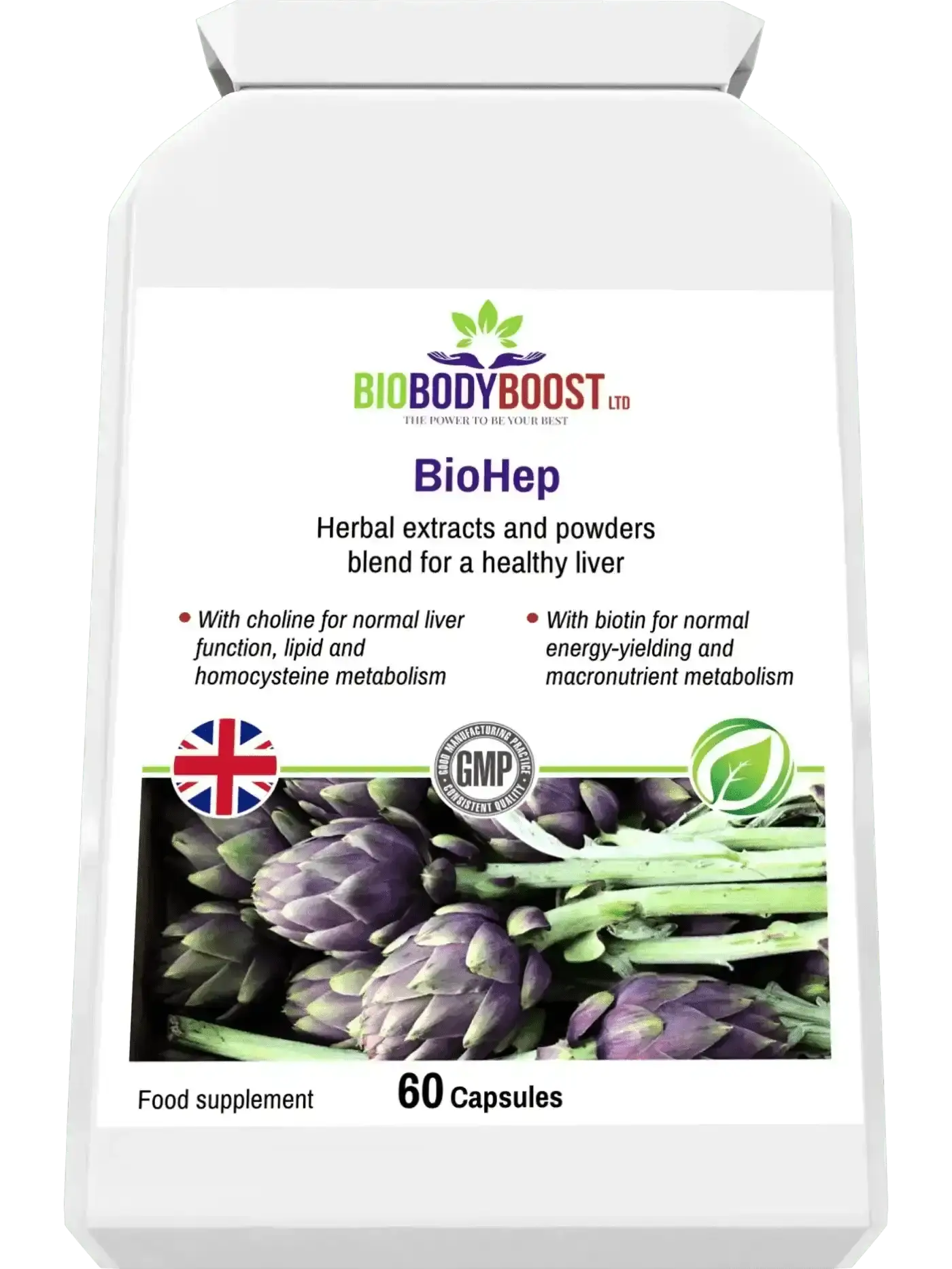 BioHep botanical liver support lifestyle shot UK — BioBodyBoost choline and milk thistle complex, 60 capsules