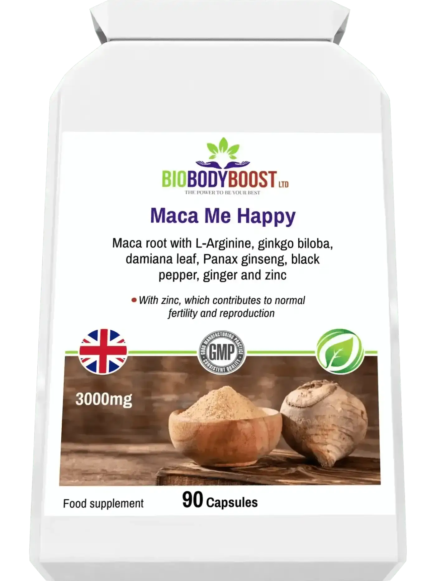 Maca Me Happy maca energy supplement UK — 90 caps, 3000mg maca root with panax ginseng, lifestyle shot