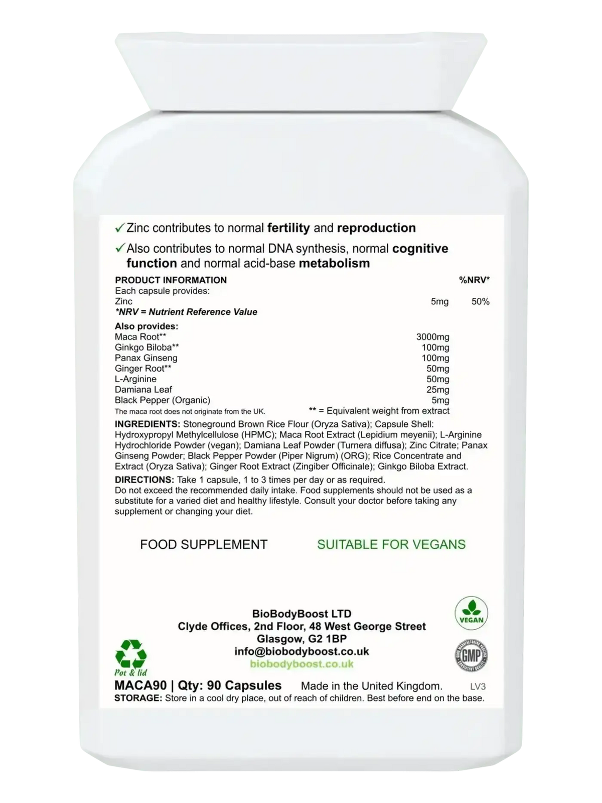 Maca Me Happy 90 vegan capsules UK — high-potency maca root energy supplement, back label with ingredients