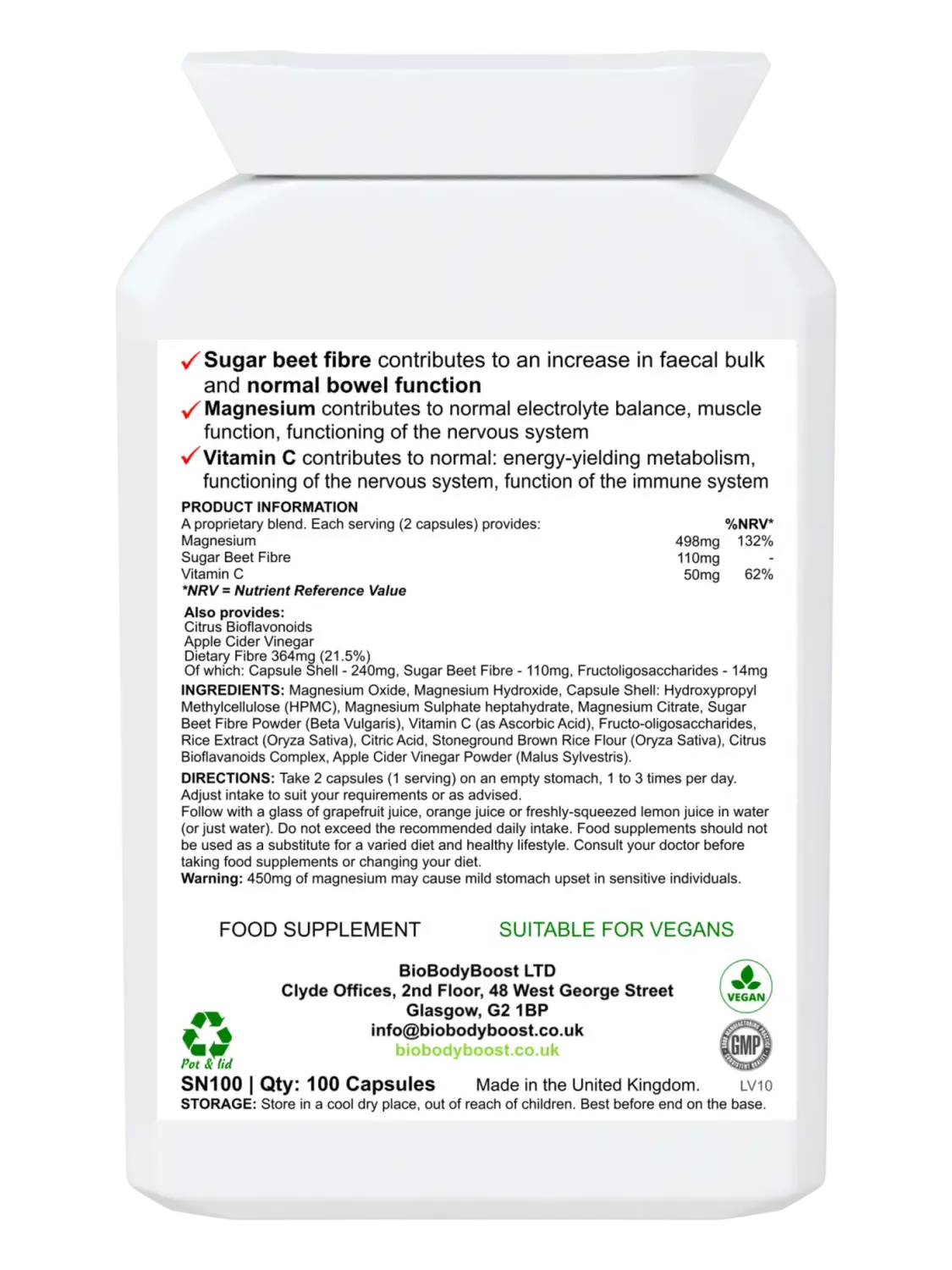 MagneBowel Magnesium Cleanse & Detox Formula - Vitamins Supplements sugar beet fibre