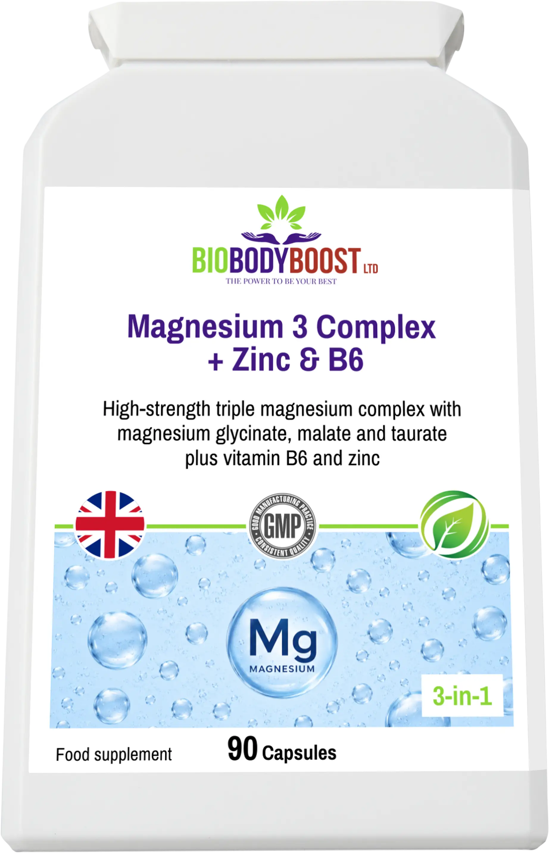 BioBodyBoost Magnesium 3 Complex capsules UK — triple magnesium glycinate malate taurate plus zinc and vitamin B6