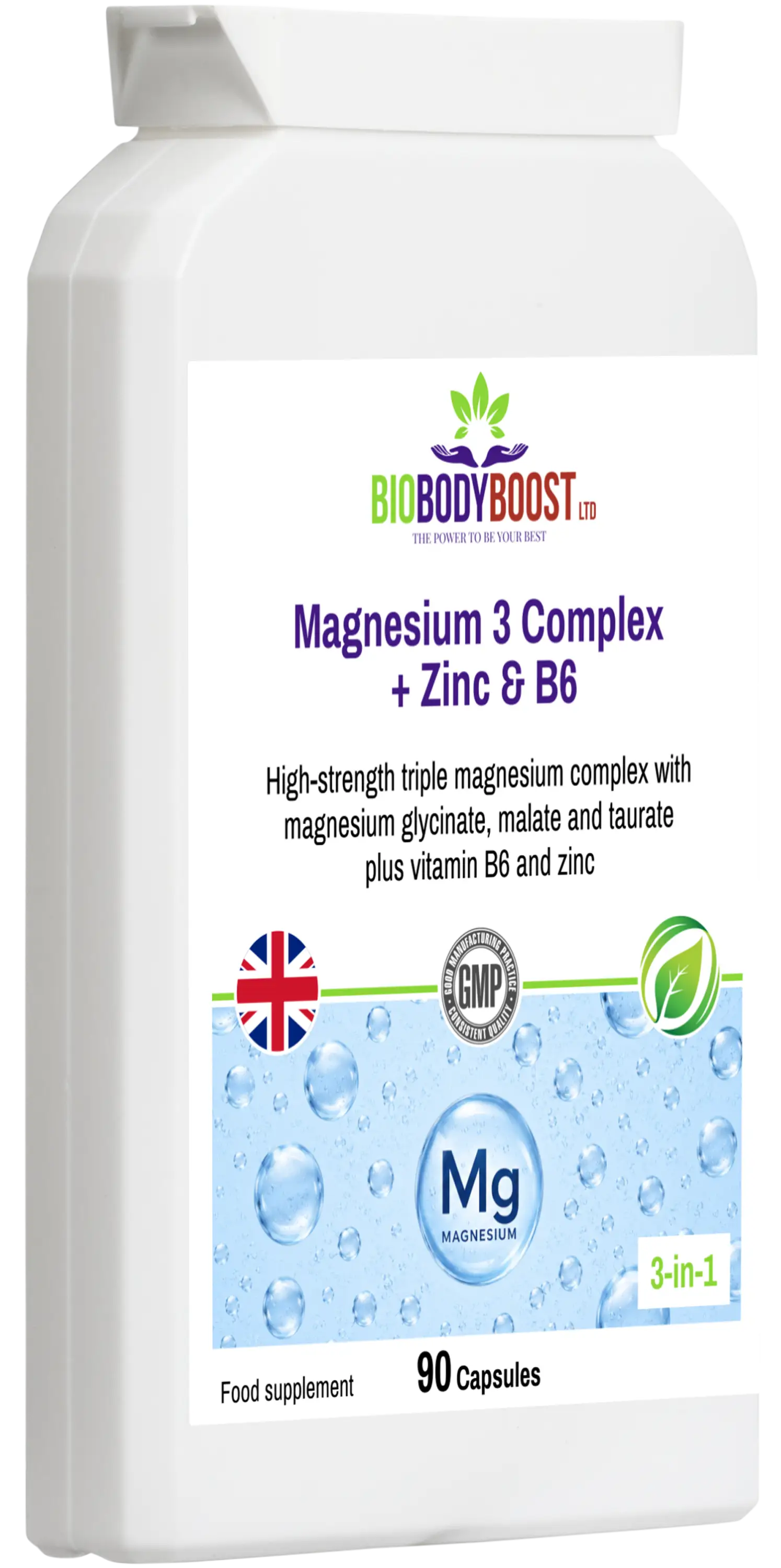Magnesium 3 Complex with Zinc B6 UK — high strength mineral supplement 30 to 90 days supply, back label