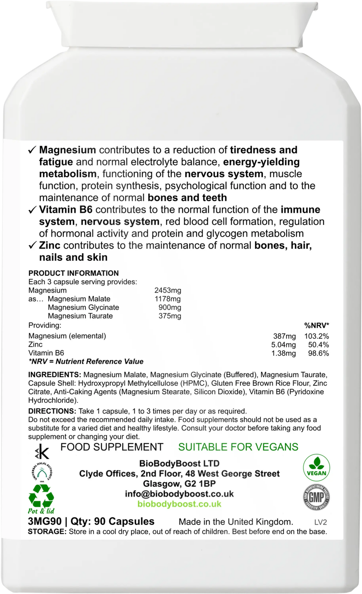 BioBodyBoost Magnesium 3 Complex UK — triple magnesium supplement vegan halal kosher approved, side view