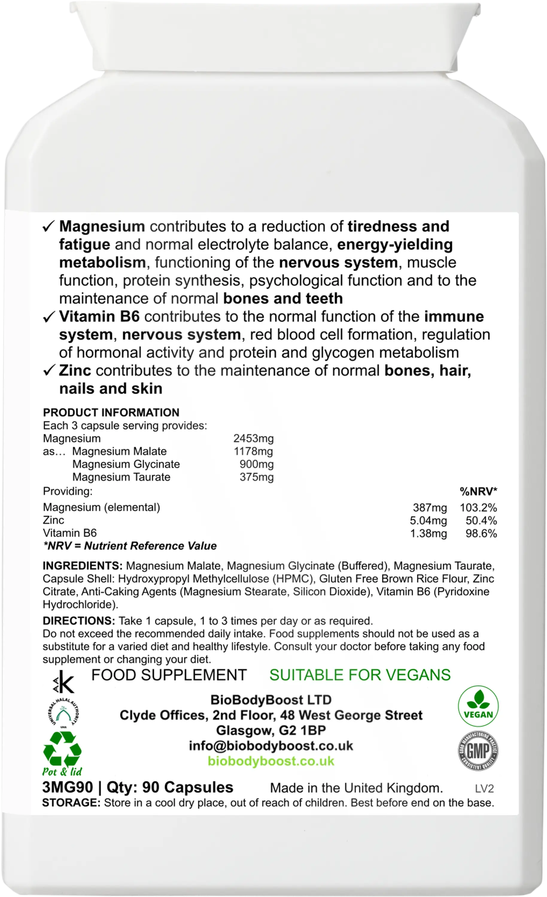 BioBodyBoost Magnesium 3 Complex UK — triple magnesium supplement vegan halal kosher approved, side view