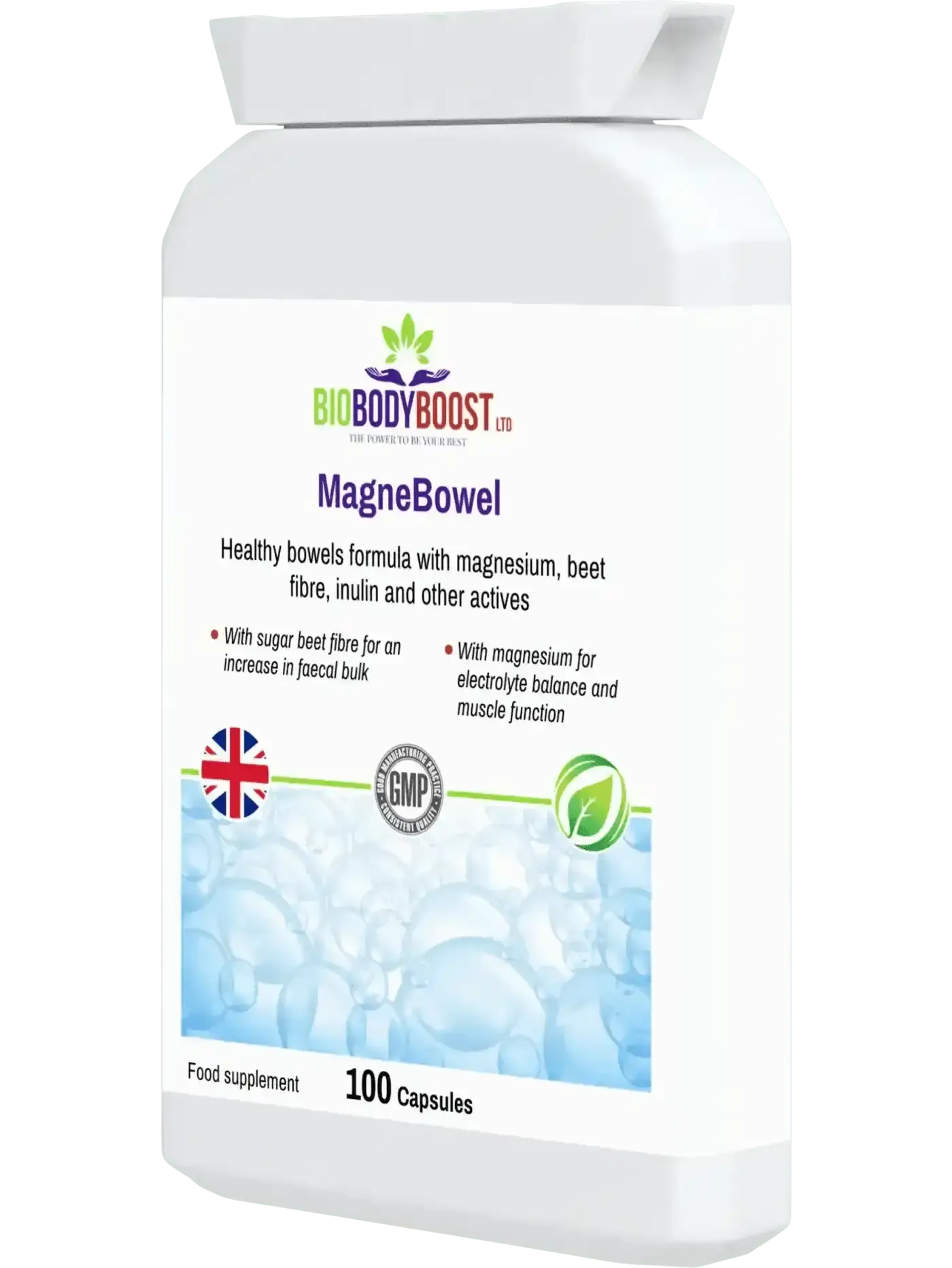 MagneBowel magnesium cleanse UK — muscle function and electrolyte balance formula, vegan and halal approved, side view