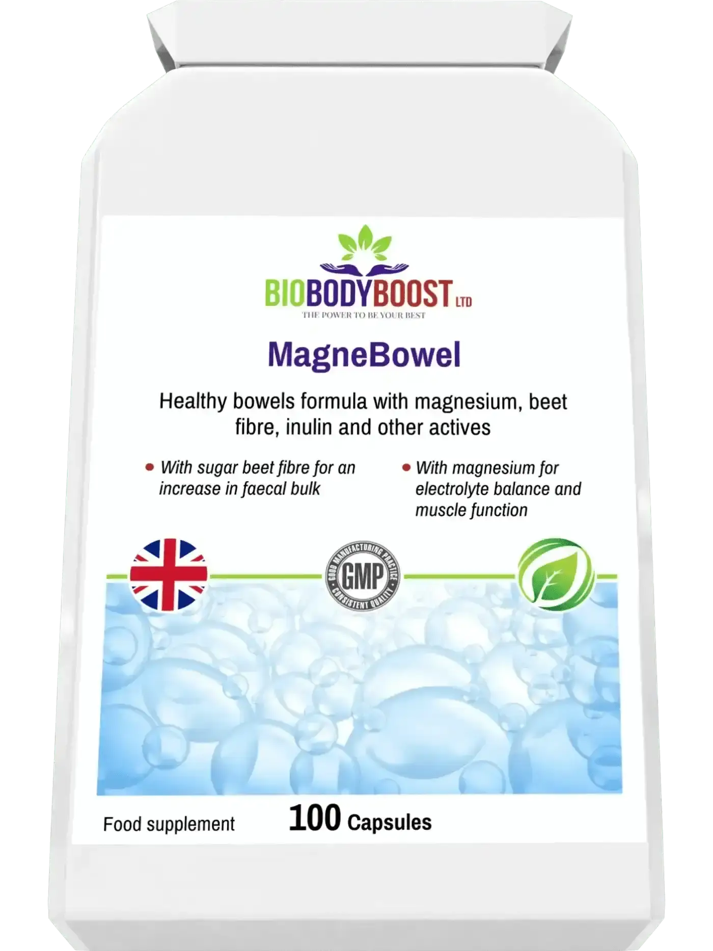 MagneBowel magnesium supplement lifestyle shot UK — BioBodyBoost bowel health formula, 100 capsules