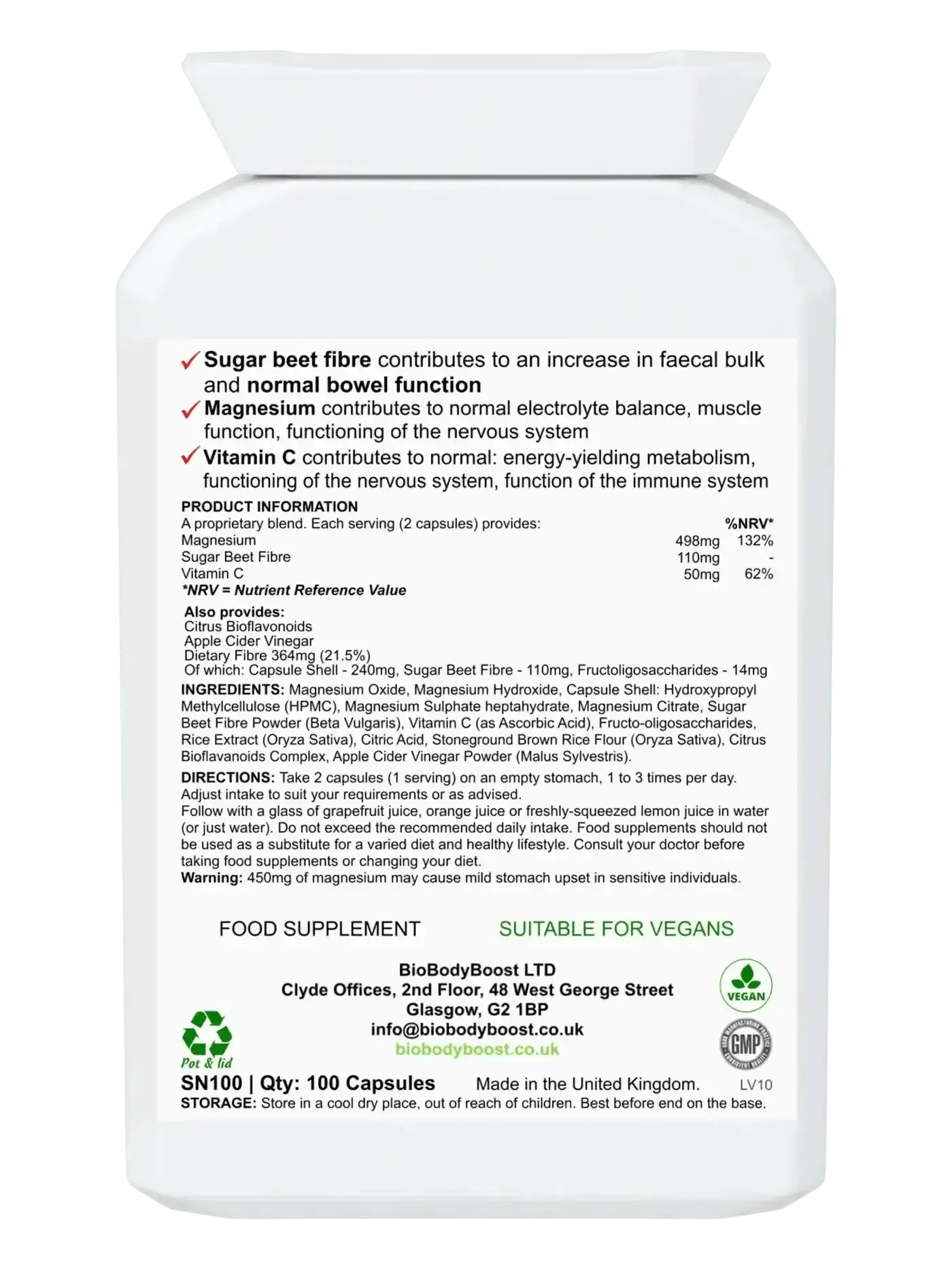 MagneBowel 100 vegan magnesium capsules UK — digestive cleanse formula with fibre, back label with EU health claims