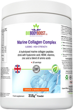 Marine Collagen Nourish 315g powder tub UK top view — hydrolysed marine collagen drink by BioBodyBoost, orange and mango flavour
