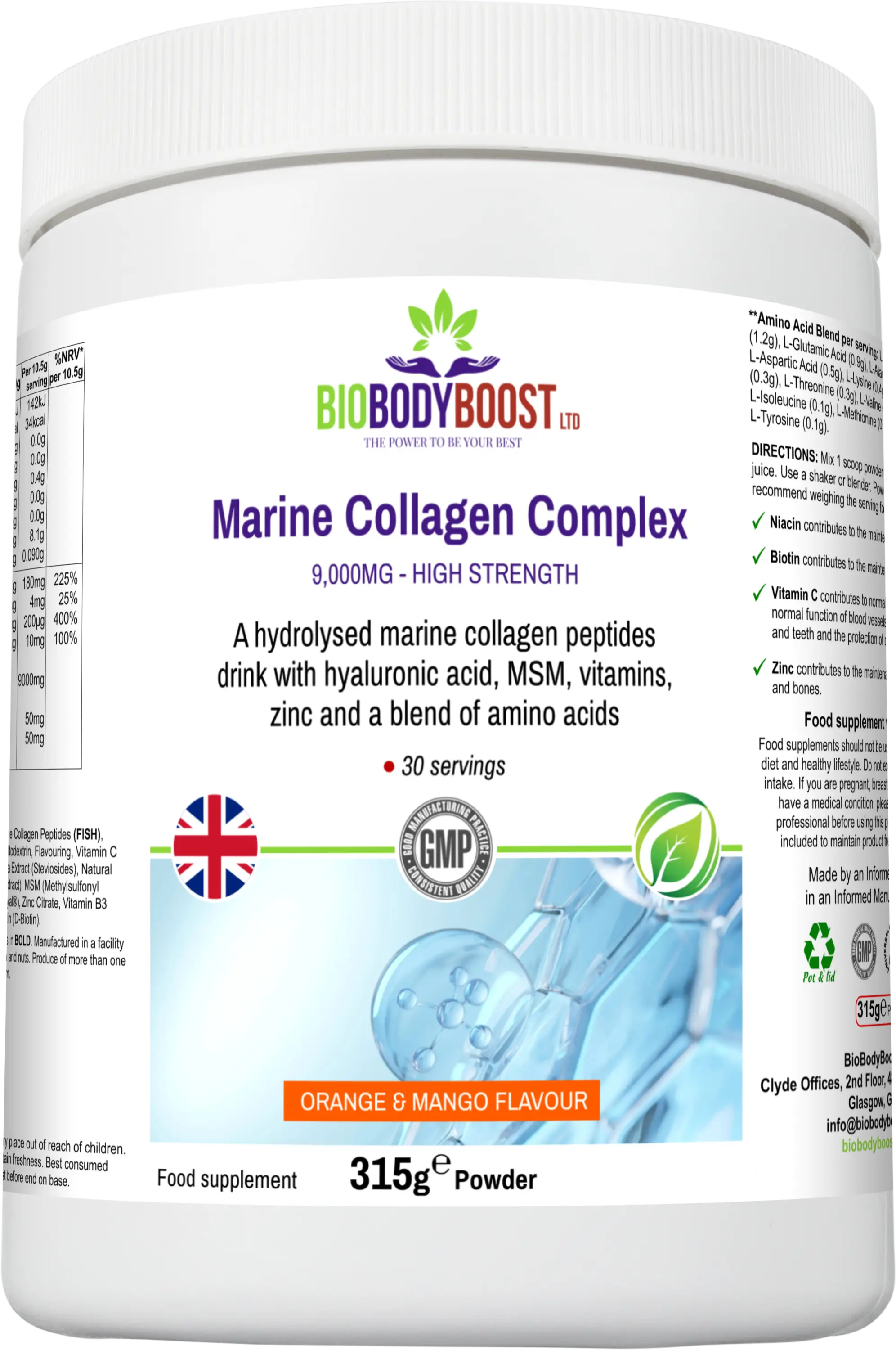 Marine Collagen Nourish 315g powder tub UK top view — hydrolysed marine collagen drink by BioBodyBoost, orange and mango flavour