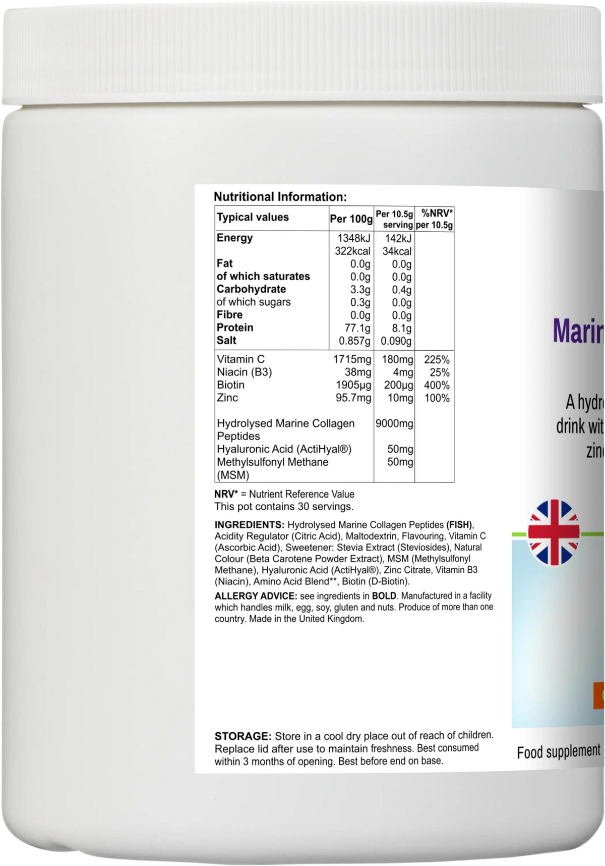 Marine Collagen Nourish 315g UK side view — 9g collagen peptides with ActiHyal hyaluronic acid and MSM per serving
