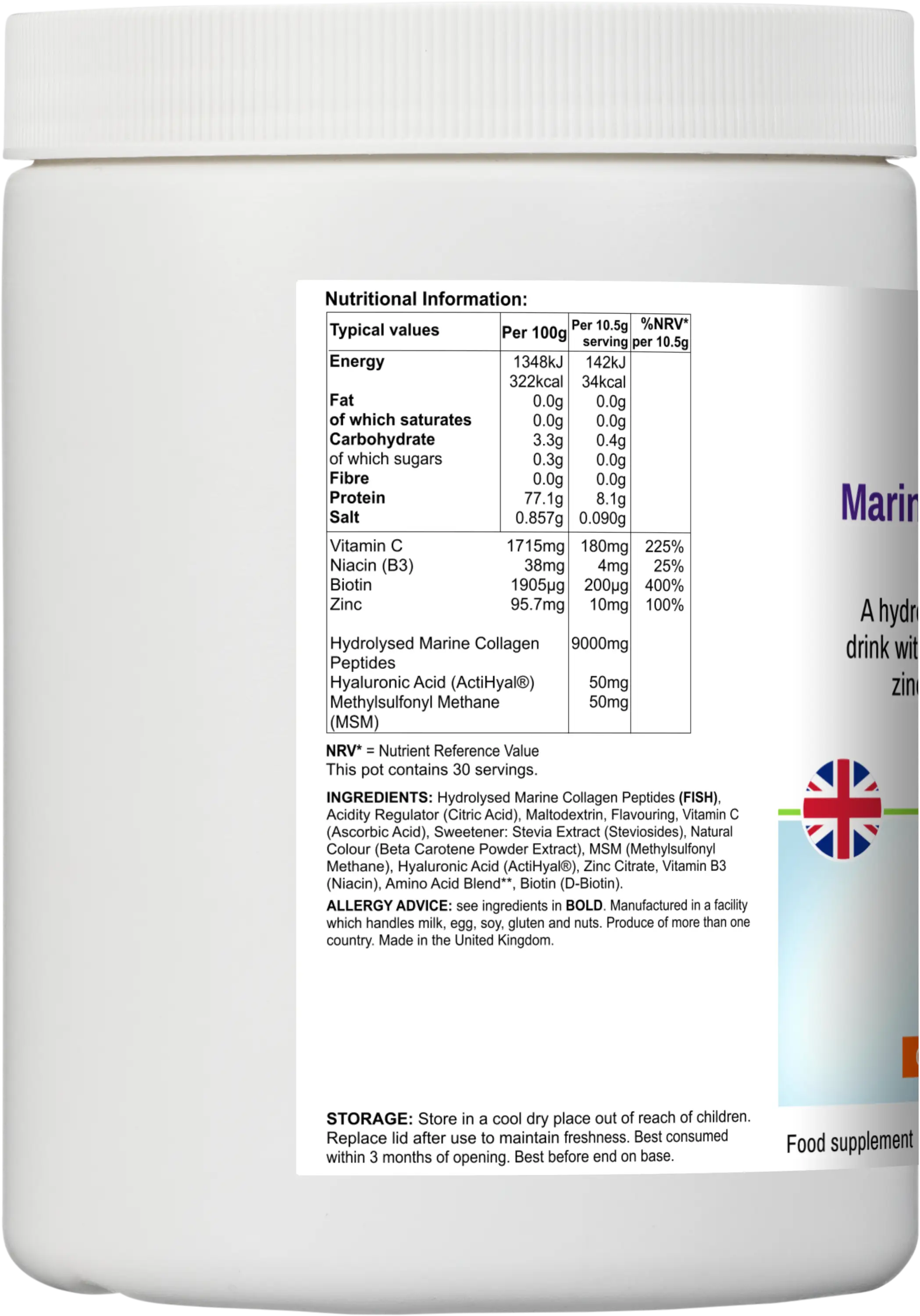 Marine Collagen Nourish 315g UK side view — 9g collagen peptides with ActiHyal hyaluronic acid and MSM per serving