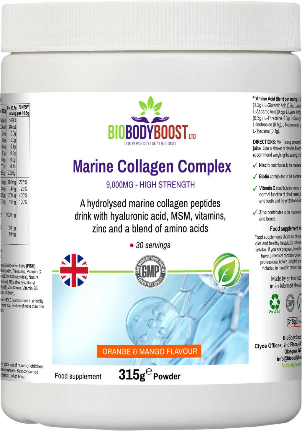 Marine Collagen Nourish 315g UK front label — marine collagen powder drink with vitamin C, biotin and zinc EU health claims