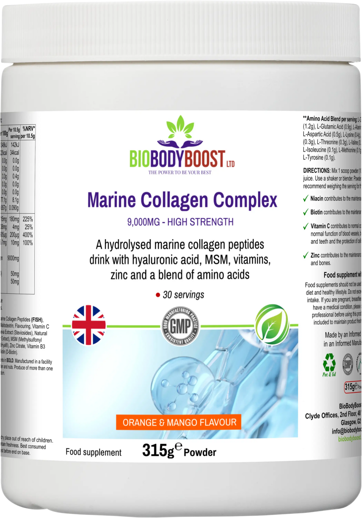 Marine Collagen Nourish 315g UK front label — marine collagen powder drink with vitamin C, biotin and zinc EU health claims