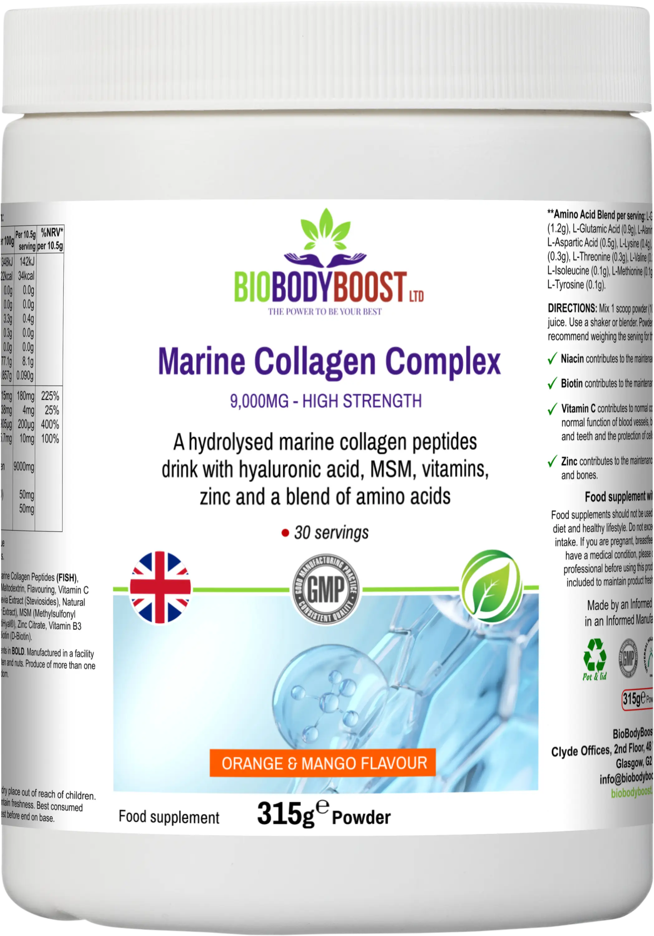 Marine Collagen Nourish 315g UK front label — marine collagen powder drink with vitamin C, biotin and zinc EU health claims