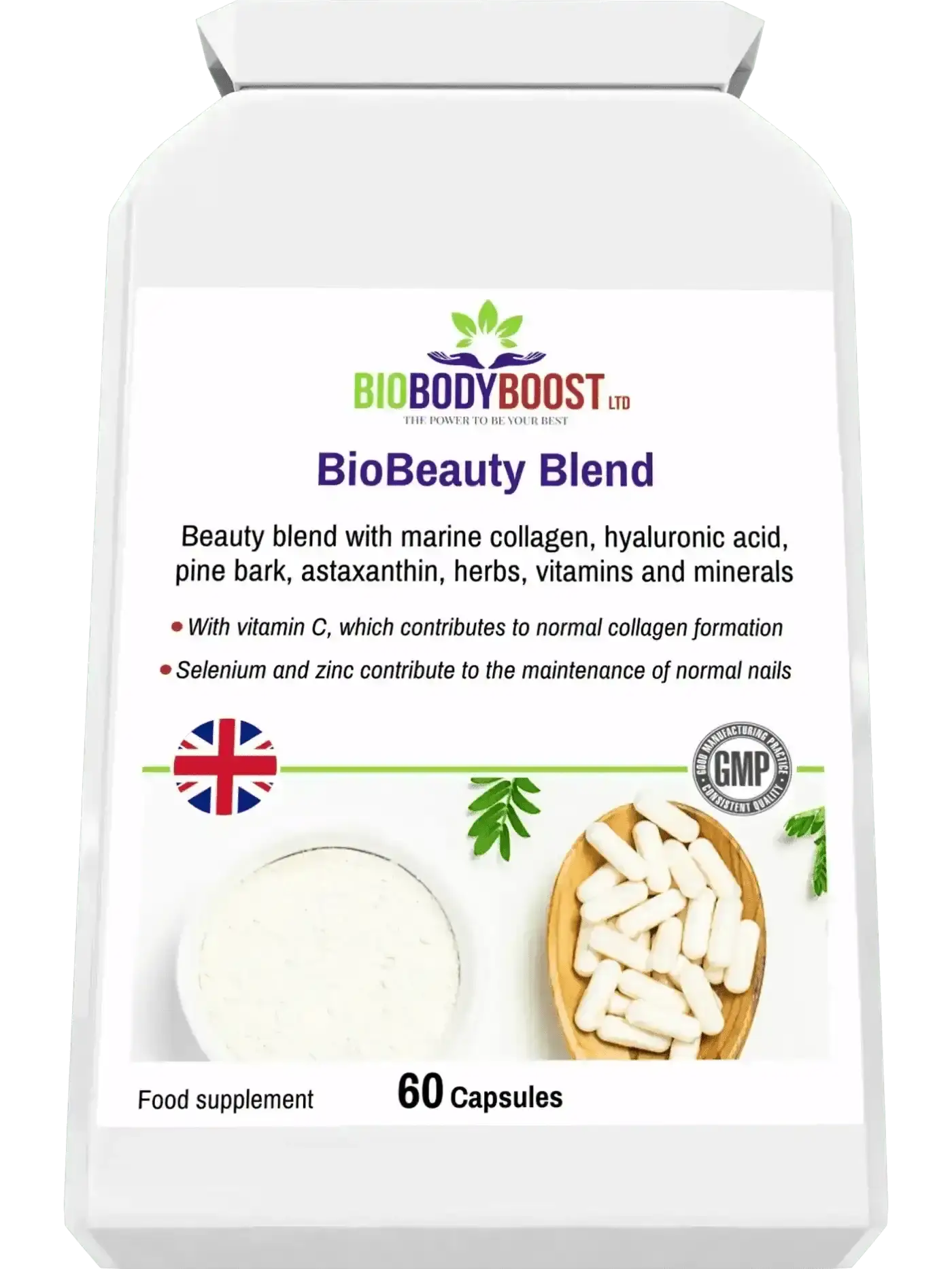 BioBeauty Blend premium marine collagen UK lifestyle shot — BioBodyBoost beauty from within supplement