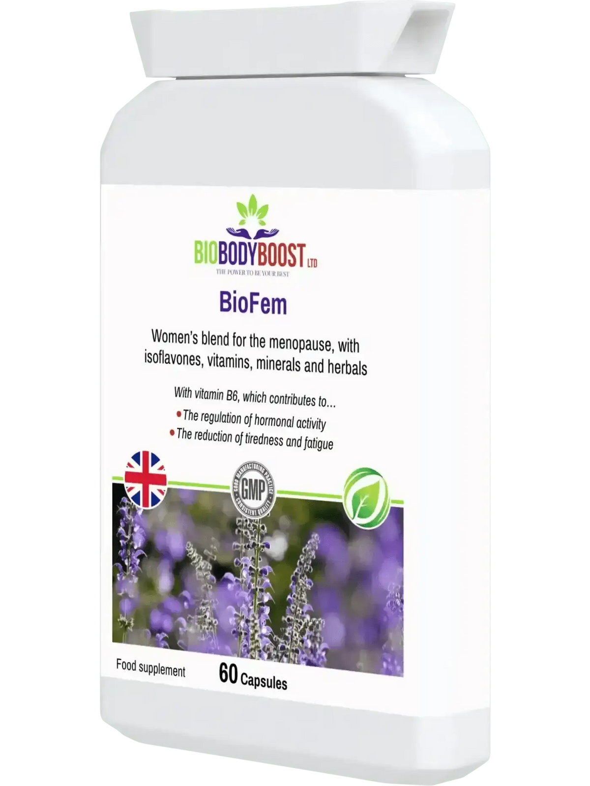 BioFem perimenopause supplement UK — dong quai vitex agnus castus and ashwagandha botanical complex, side view