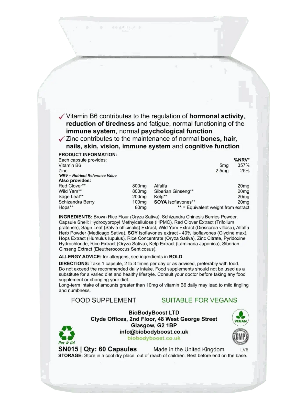 BioFem 60 vegan menopause capsules UK — B6 for hormonal activity, zinc for cognitive function, back label