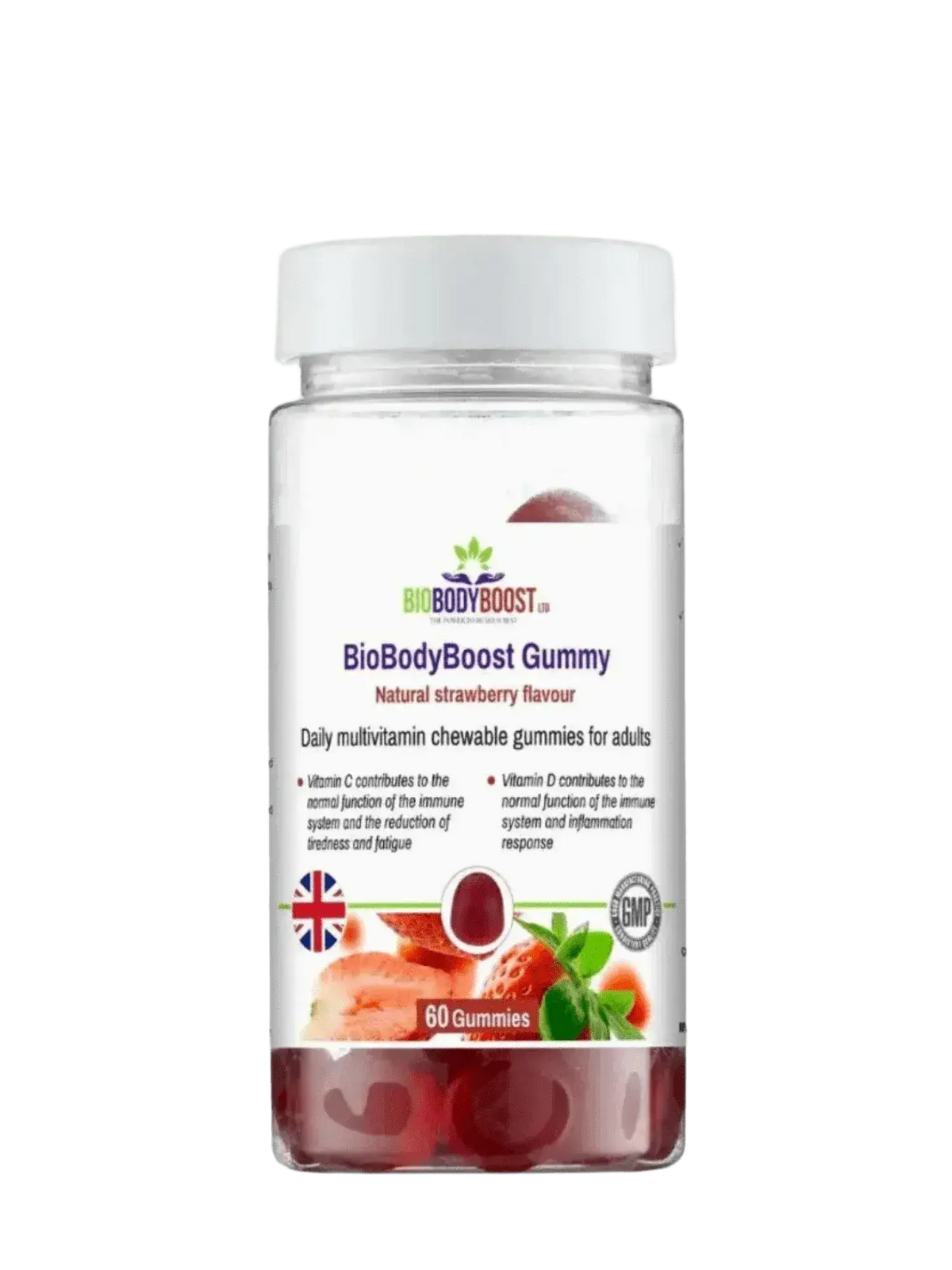 BioBodyBoost daily vitamin gummies UK — immune energy and skin support, vegan HPMC, natural blackcurrant flavour, side view