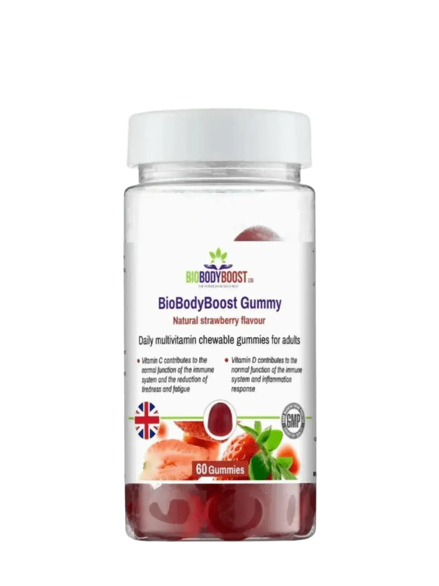 BioBodyBoost daily vitamin gummies UK — immune energy and skin support, vegan HPMC, natural blackcurrant flavour, side view