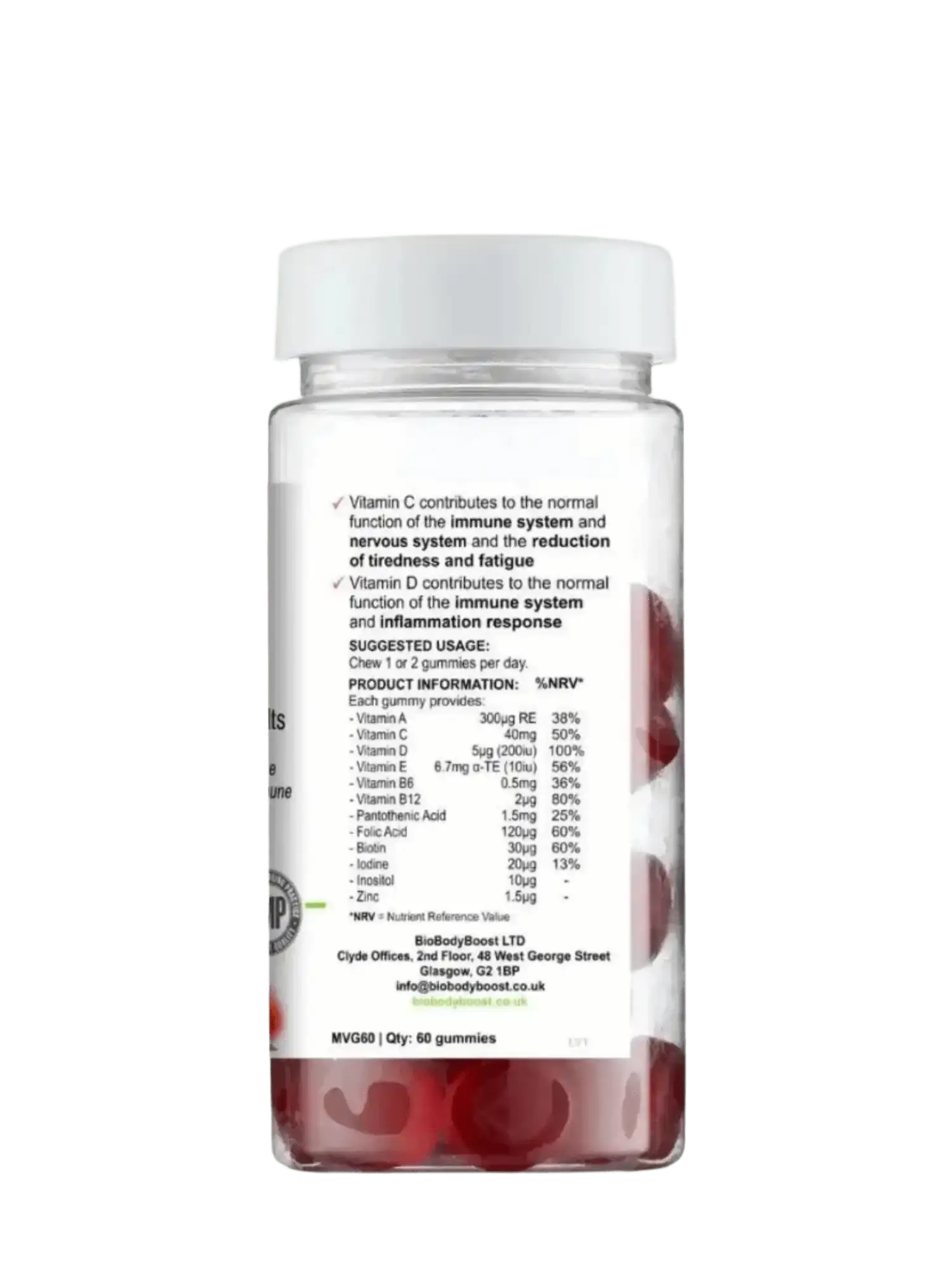 BioBodyBoost multivitamin gummies lifestyle shot UK — 12 vitamins and minerals, halal approved, UK made, 60-day supply