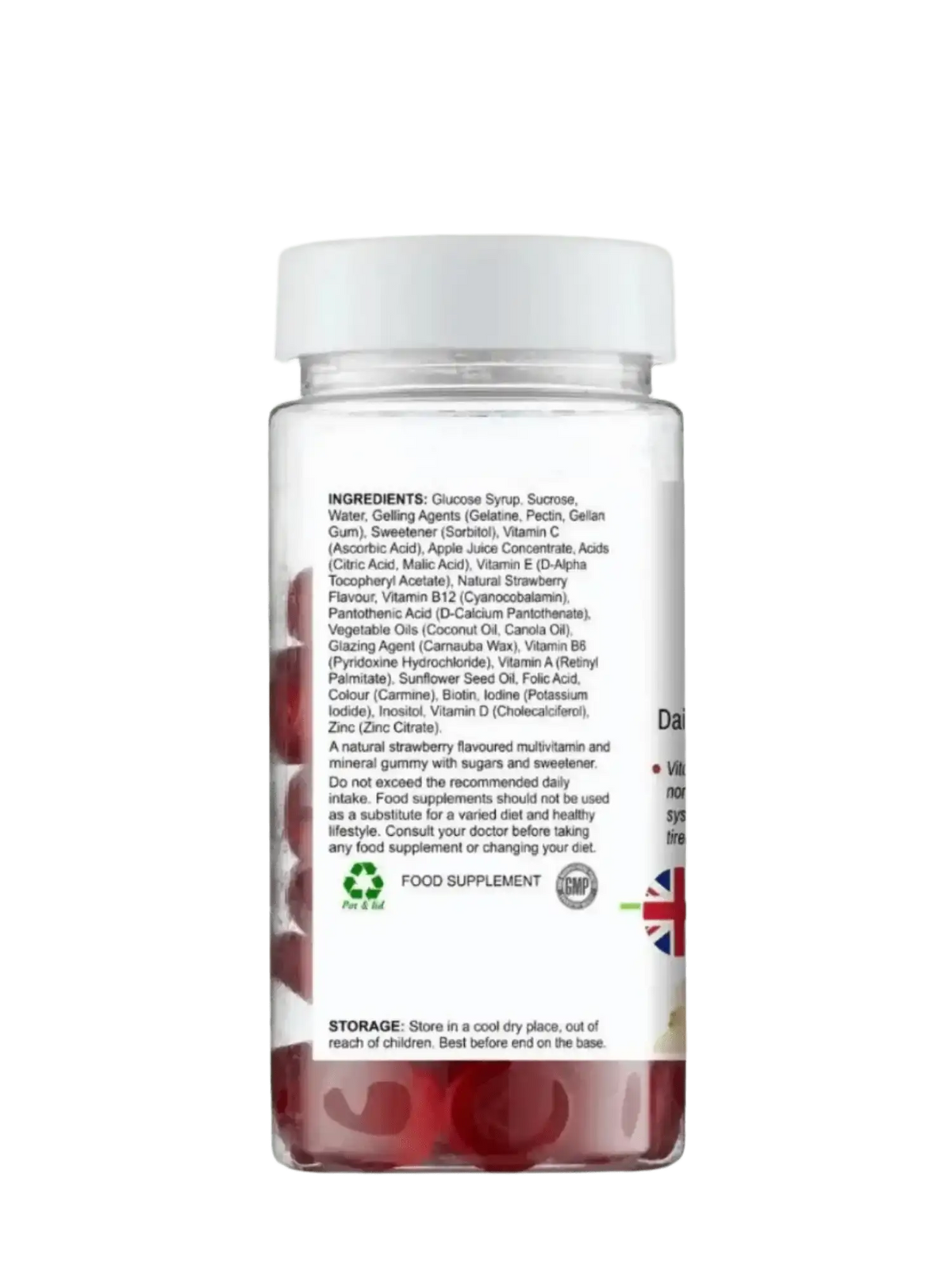 Multivitamin gummies 60 count UK — vegan-friendly gelatin-free daily vitamins, back label with nutrients and EU claims