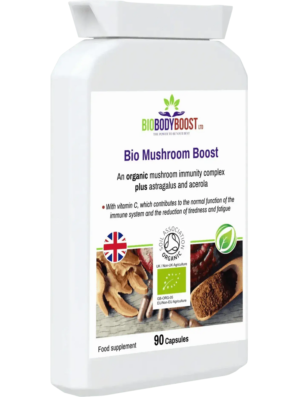 BioBodyBoost Bio Mushroom Boost — certified organic mushroom complex UK, astragalus adaptogen, halal approved, gluten-free