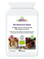 Bio Mushroom Boost organic mushroom supplement UK — 6 functional mushrooms including reishi and lion's mane by BioBodyBoost, front label