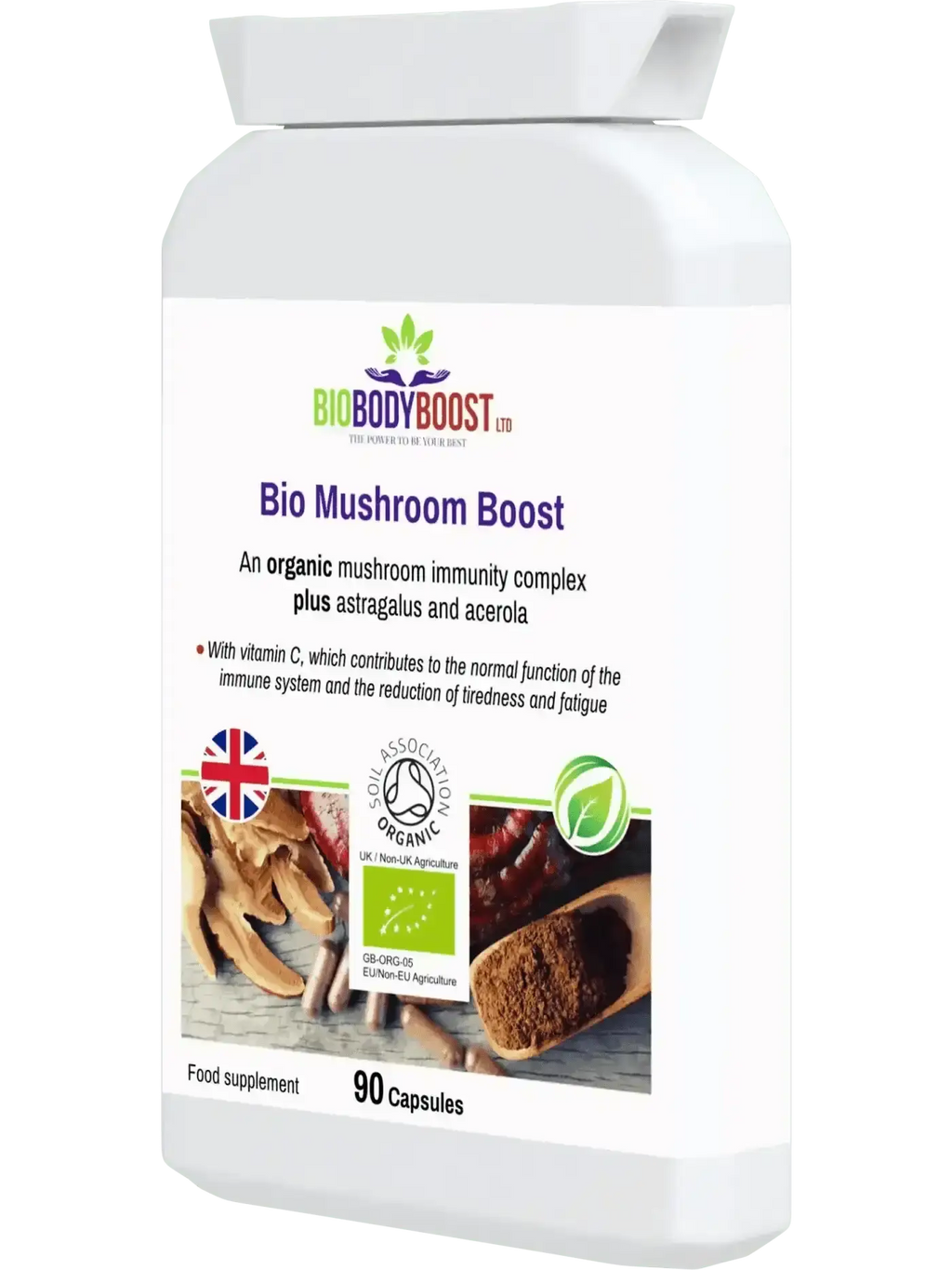 Bio Mushroom Boost organic functional mushroom supplement UK — lion's mane and maitake immunity blend, side view