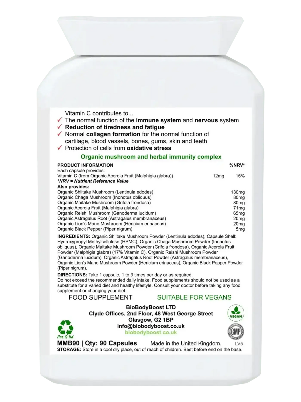 Bio Mushroom Boost 90 vegan mushroom capsules UK — certified organic reishi chaga shiitake complex, back label with ingredients