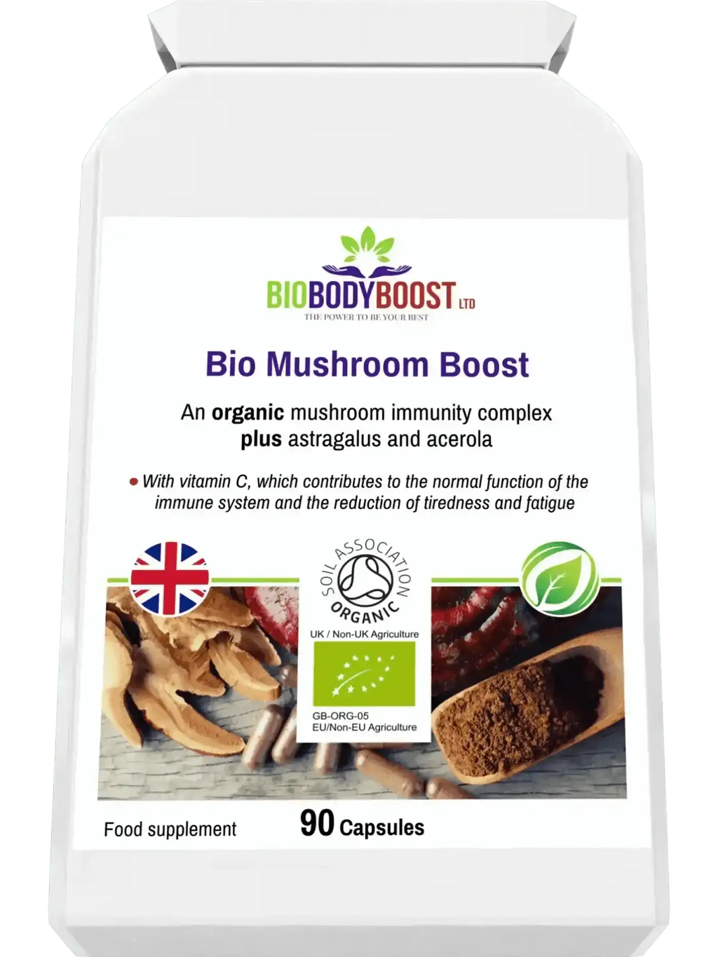 Bio Mushroom Boost organic immunity blend UK — BioBodyBoost quality 90-cap mushroom supplement, lifestyle shot