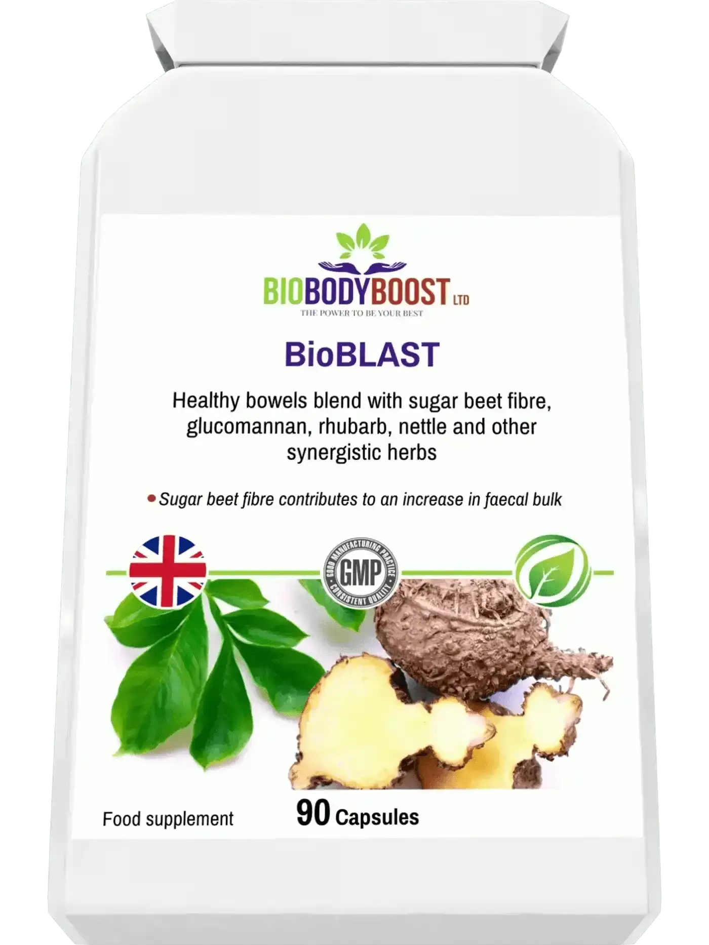 BioBlast natural digestive support lifestyle shot UK — BioBodyBoost botanical colon cleanse supplement, 90 capsules