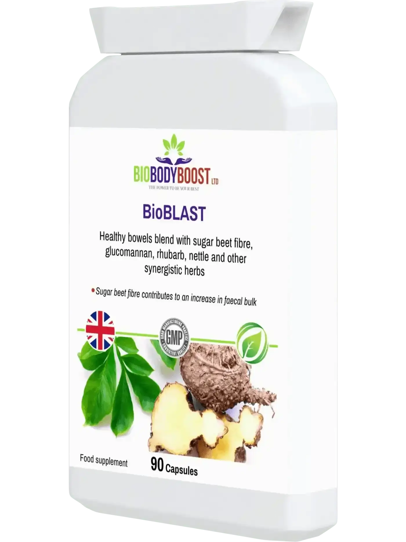BioBlast natural bowel support UK — fibre and botanical laxative formula, vegan and halal approved, side view