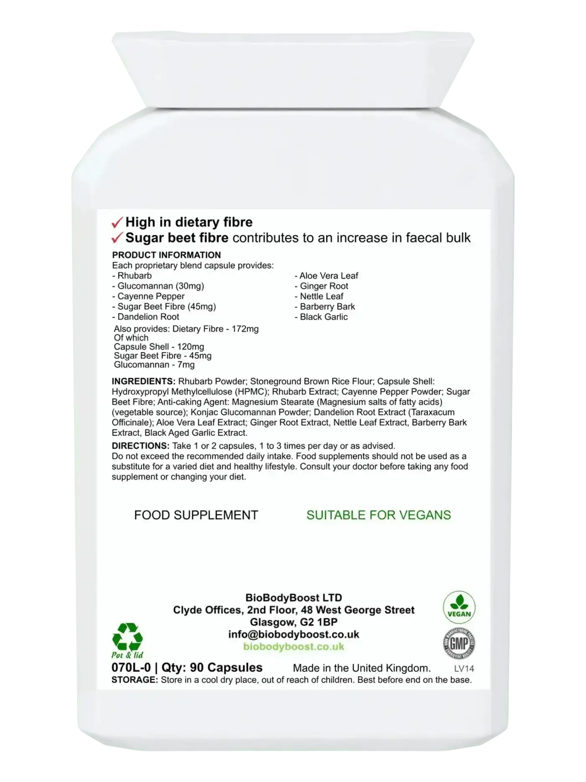 BioBlast 90 vegan digestive capsules UK — rhubarb root and senna leaf botanical formula, back label with ingredients